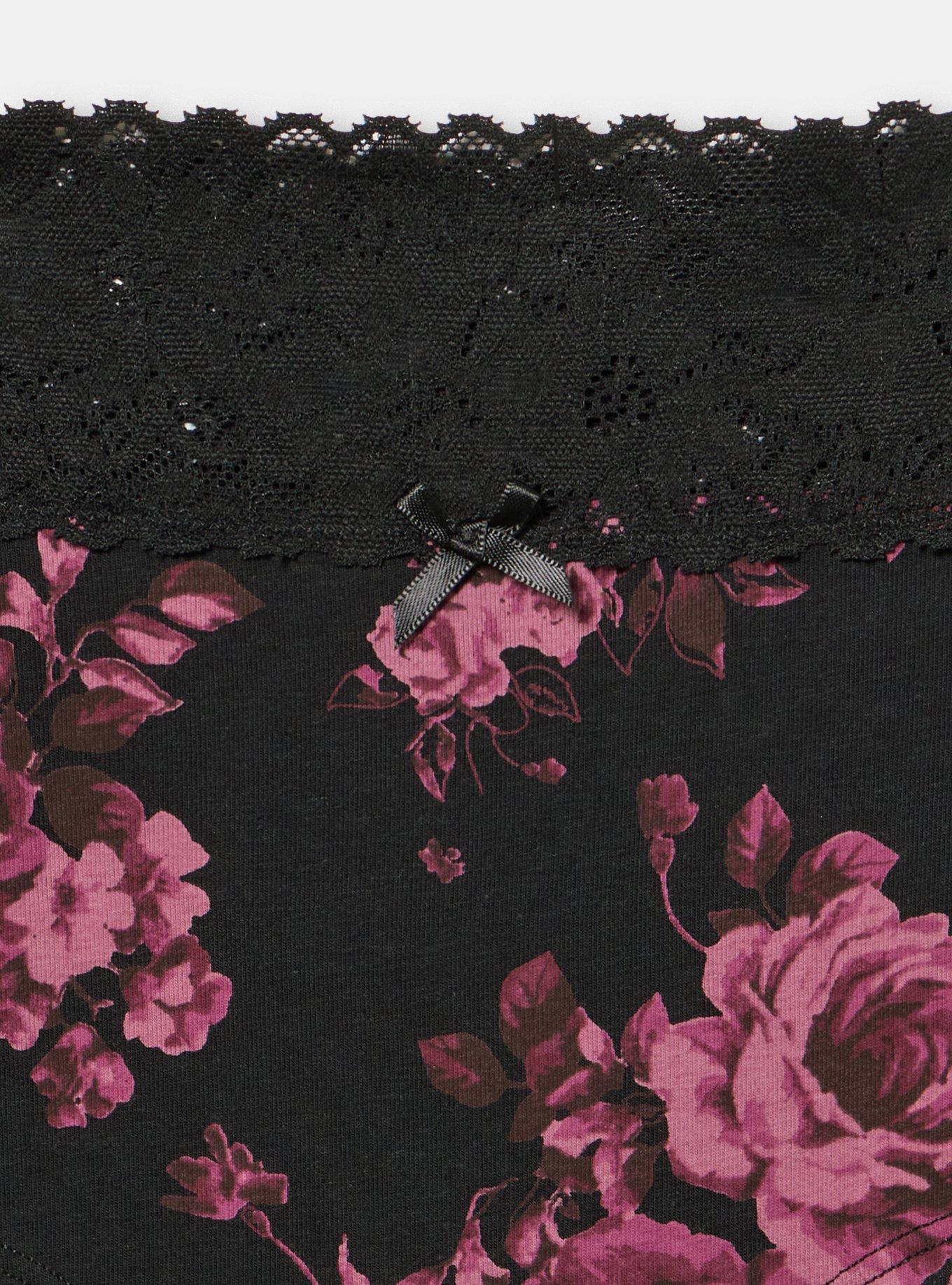 Cotton Mid-Rise Lace Trim Boyshort Panty, SEASONAL ROSES FLORAL BLACK, alternate