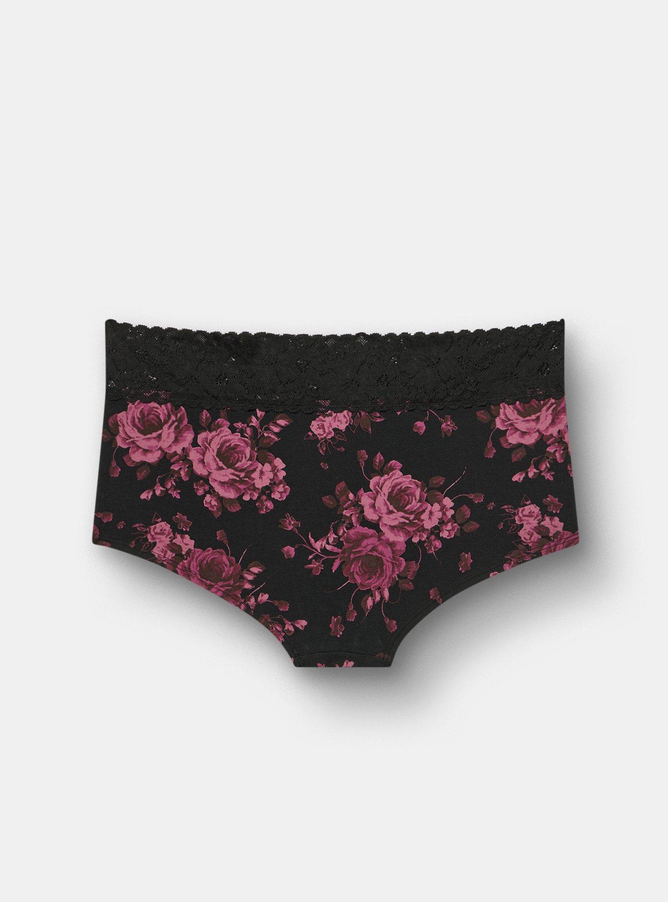 Cotton Mid-Rise Lace Trim Boyshort Panty, SEASONAL ROSES FLORAL BLACK, alternate