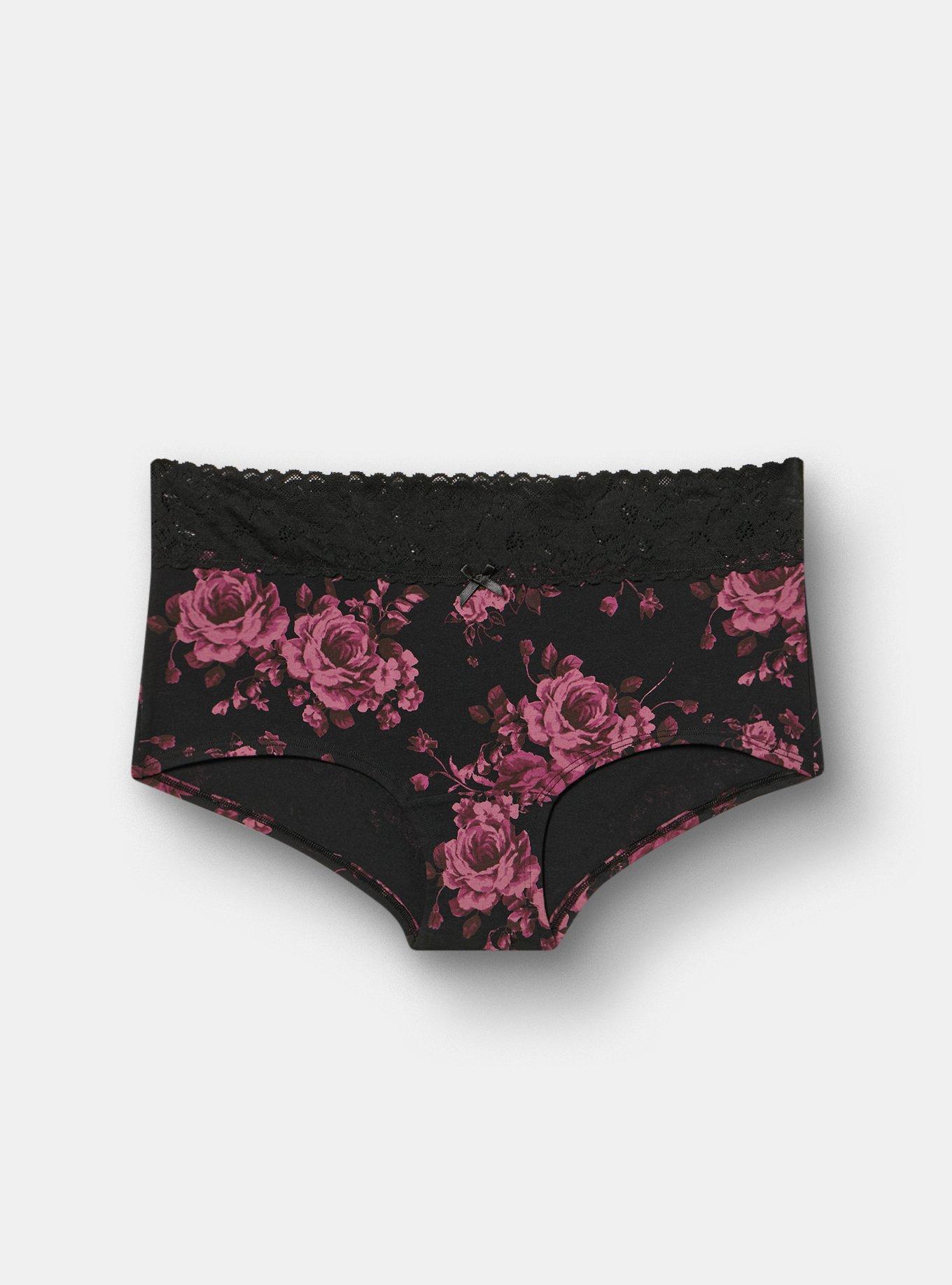 Cotton Mid-Rise Lace Trim Boyshort Panty, SEASONAL ROSES FLORAL BLACK, hi-res