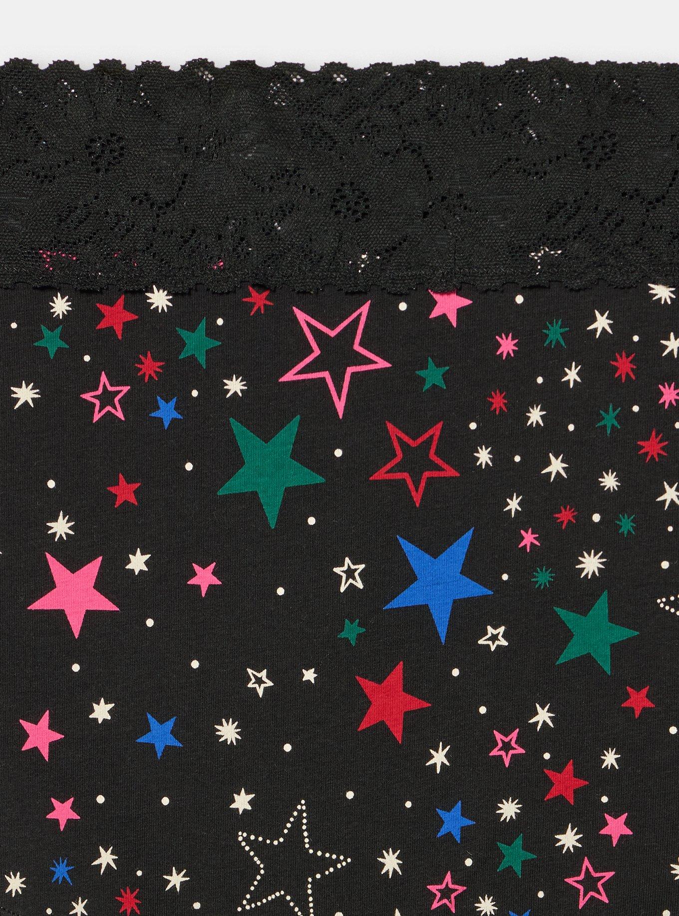 Plus Size Cotton Mid-Rise Lace Trim Boyshort Panty, MULTI STARS BLACK, alternate