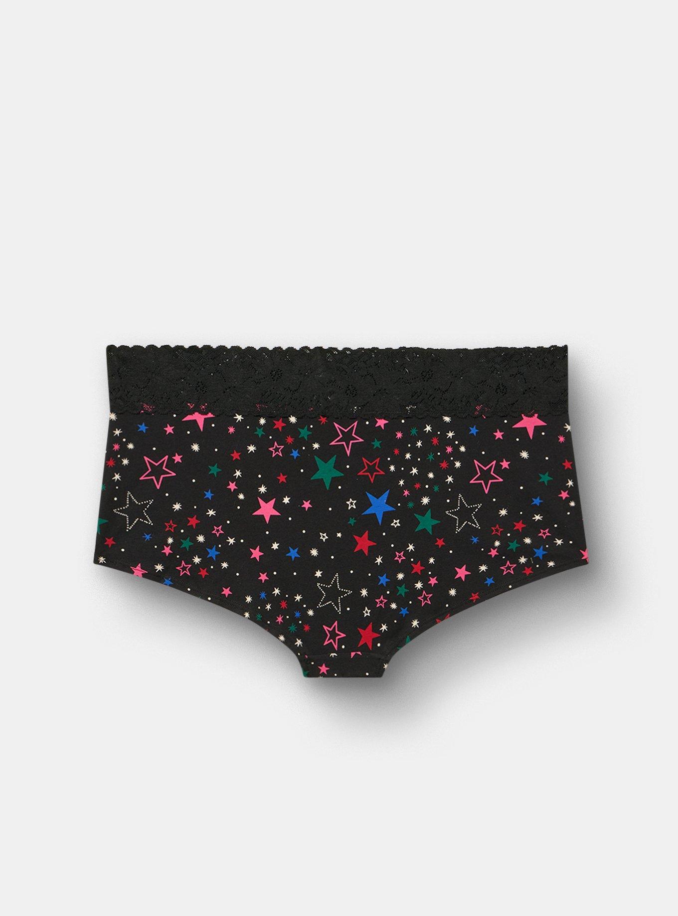 Plus Size Cotton Mid-Rise Lace Trim Boyshort Panty, MULTI STARS BLACK, alternate
