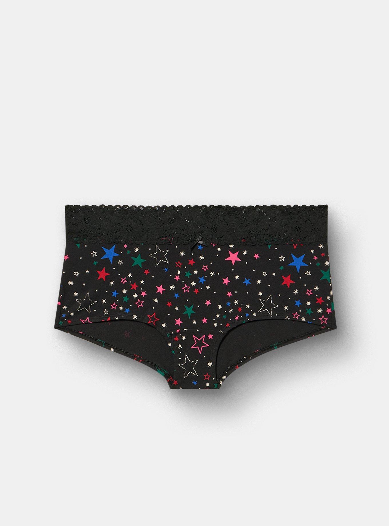 Plus Size Cotton Mid-Rise Lace Trim Boyshort Panty, MULTI STARS BLACK, hi-res
