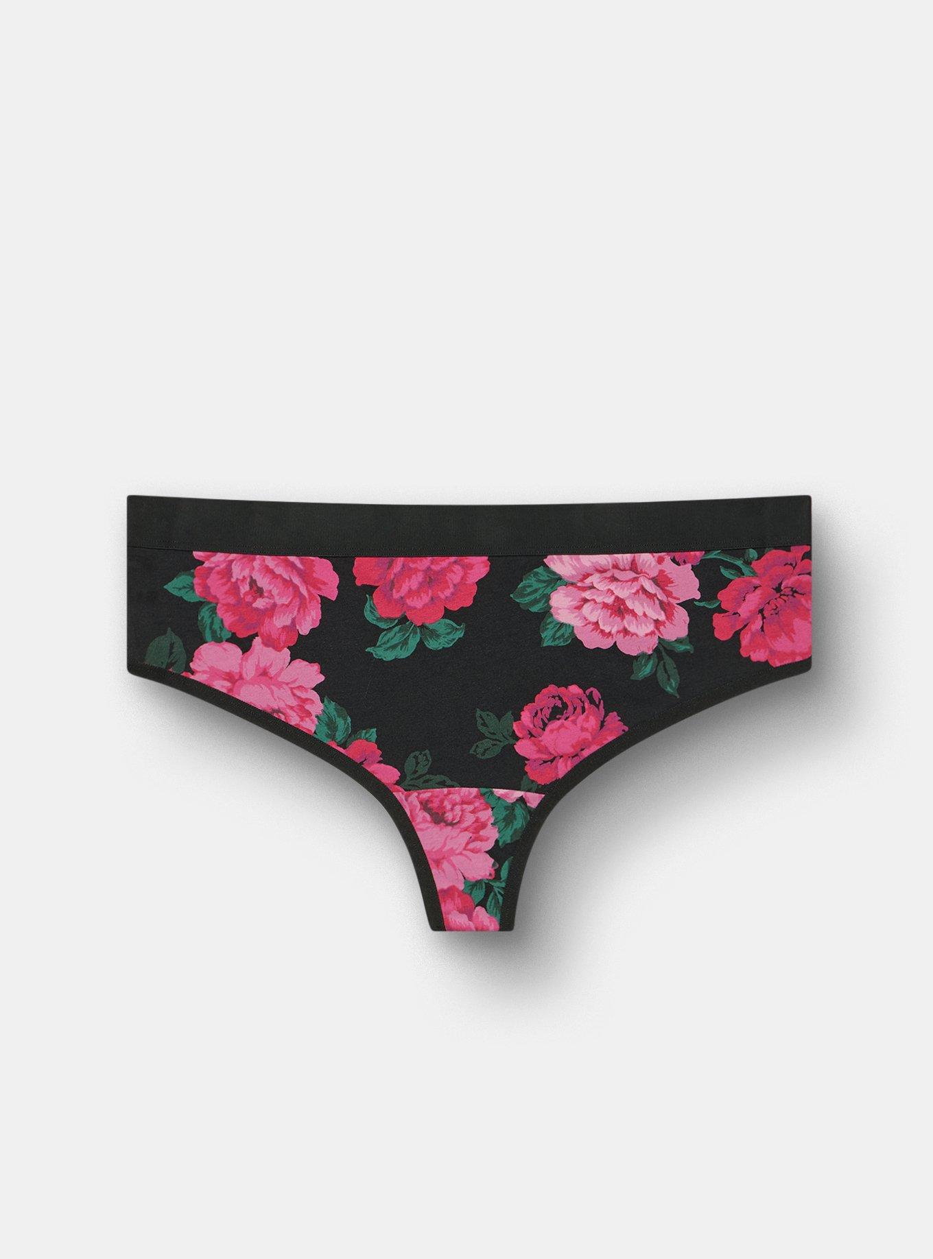 COTTON MID RISE THONG PANTY, TRADITIONAL ROSES HOT PINK, hi-res
