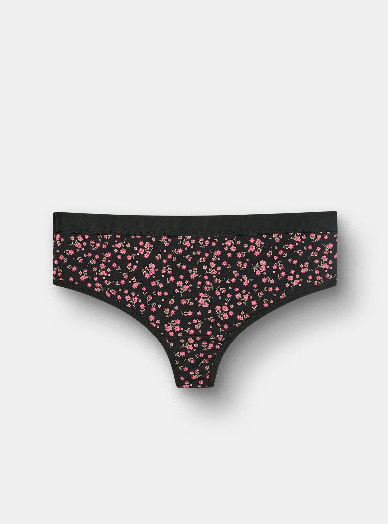 Cotton Mid-Rise Thong Panty, WISH FLORAL BLACK, hi-res