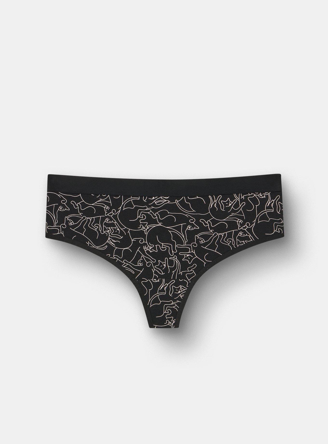 Cotton Mid-Rise Thong Panty, OUTLINED CATS BLACK, hi-res