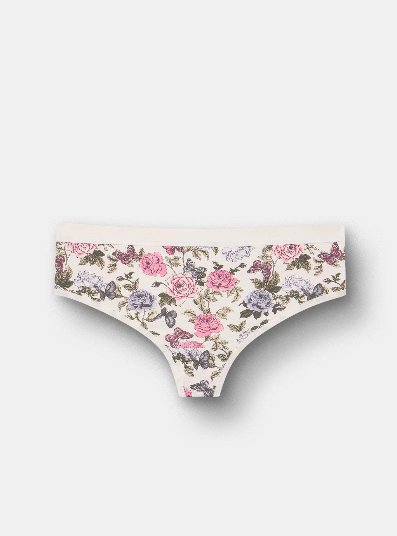 Cotton Mid-Rise Thong Panty, BUTTERFLY ROSES FLORAL WHITE, hi-res