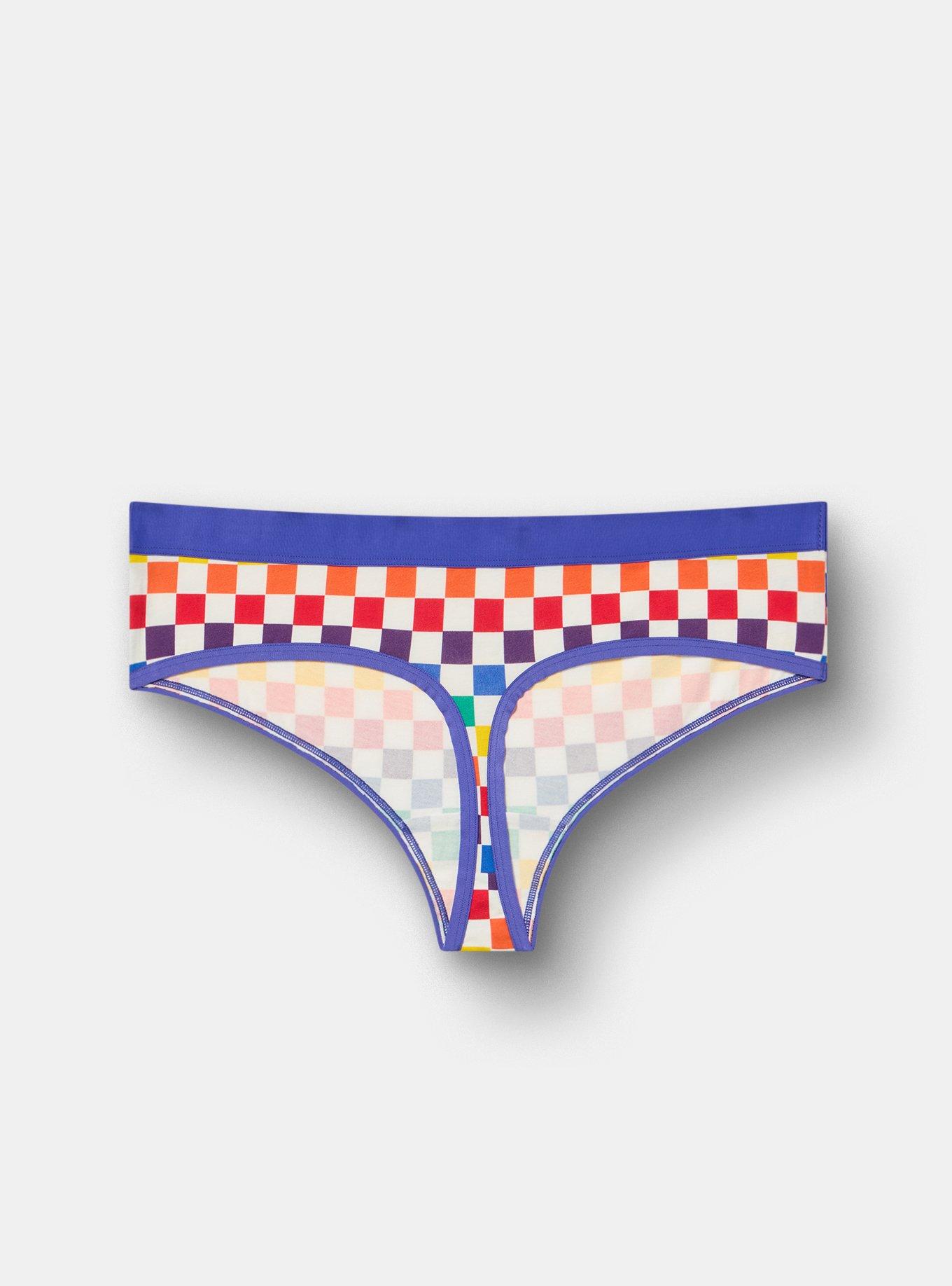 COTTON MID RISE THONG PANTY, RAINBOW CHECK WHITE, alternate