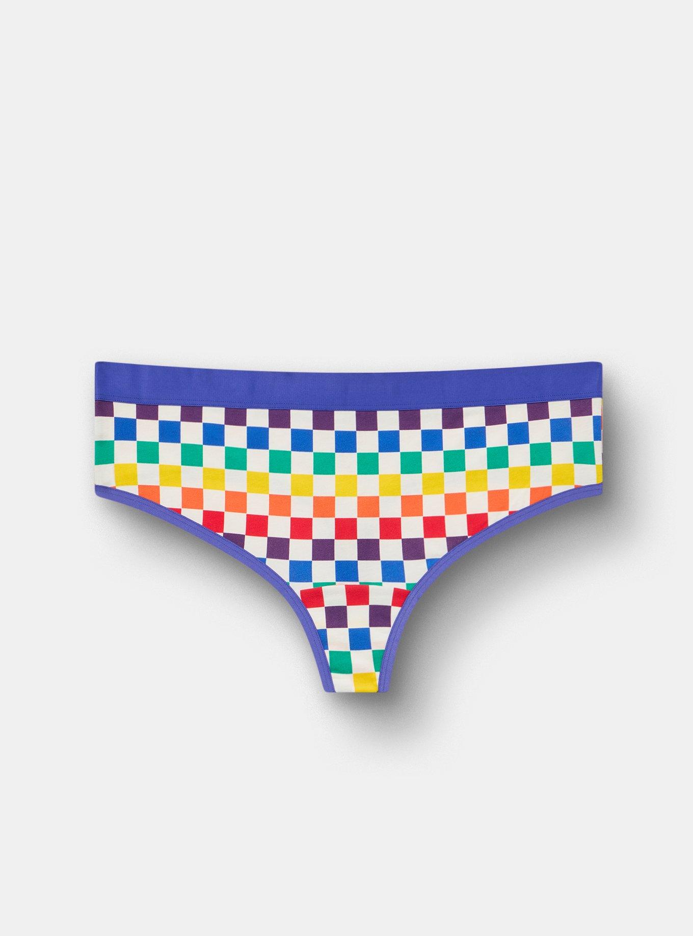 COTTON MID RISE THONG PANTY, RAINBOW CHECK WHITE, hi-res