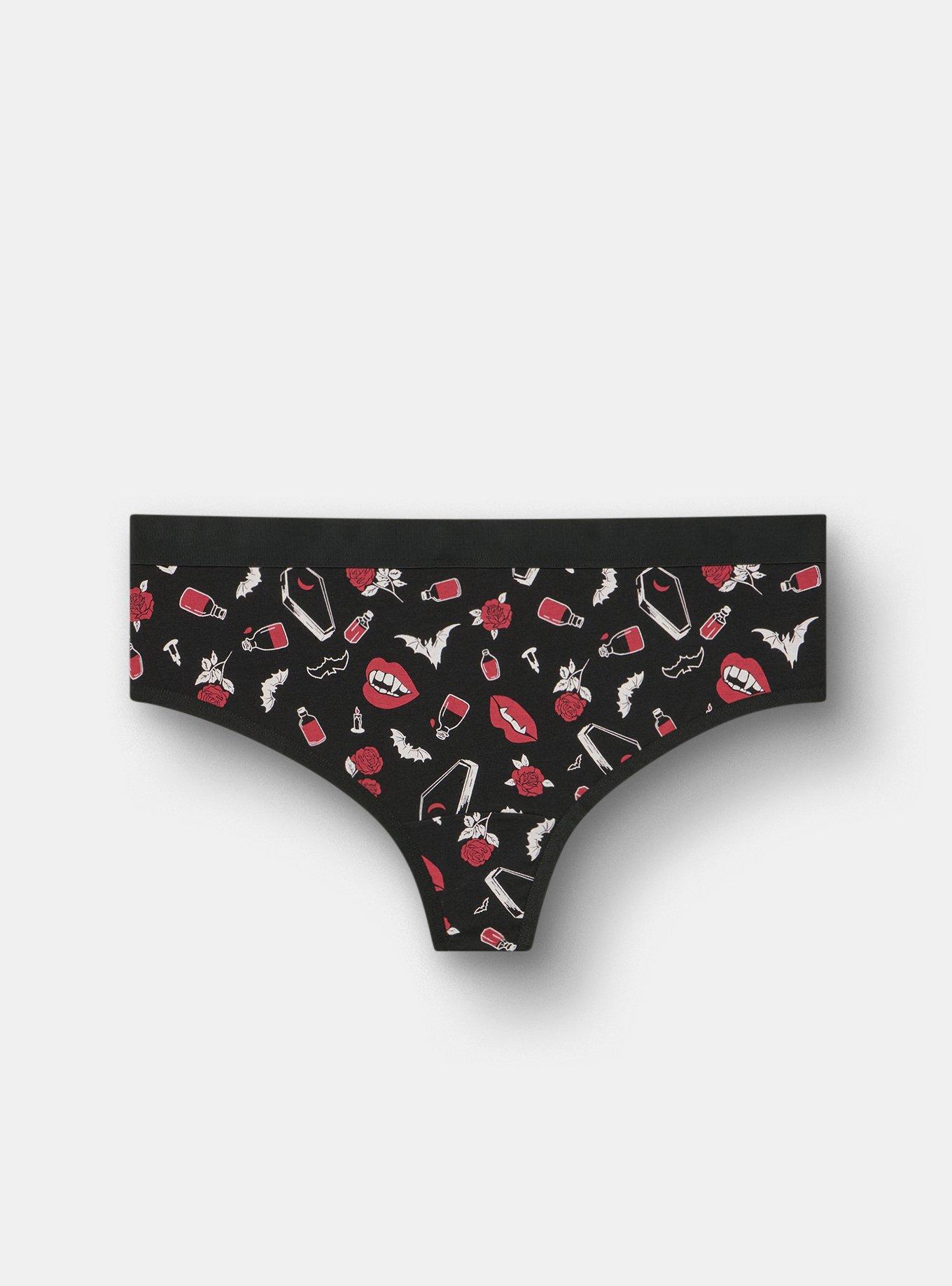 Cotton Mid-Rise Thong Panty, VAMPIRE THINGS BLACK, hi-res