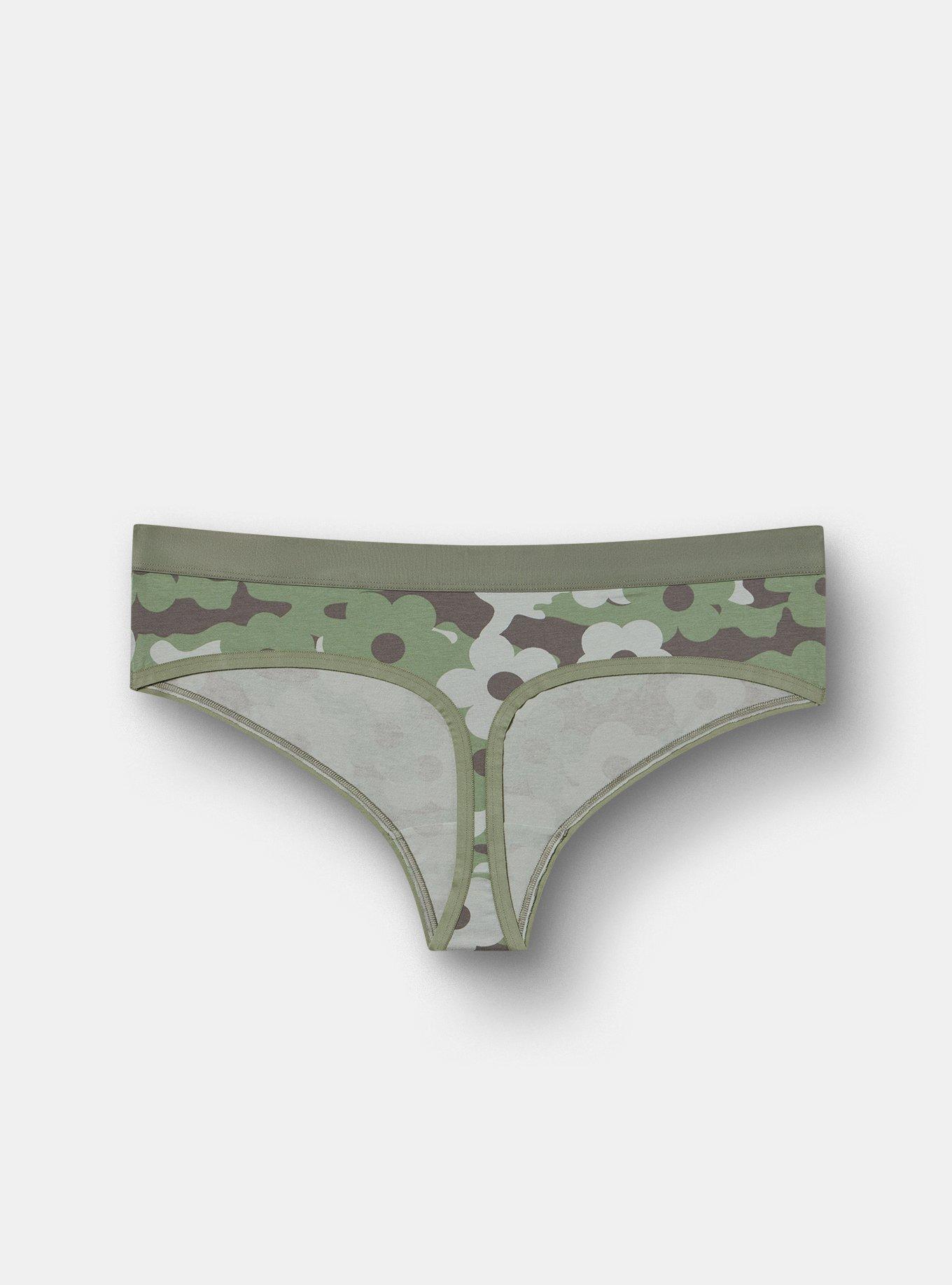 Plus Size Cotton Mid-Rise Thong Panty, DAISY CAMO OLIVE, alternate