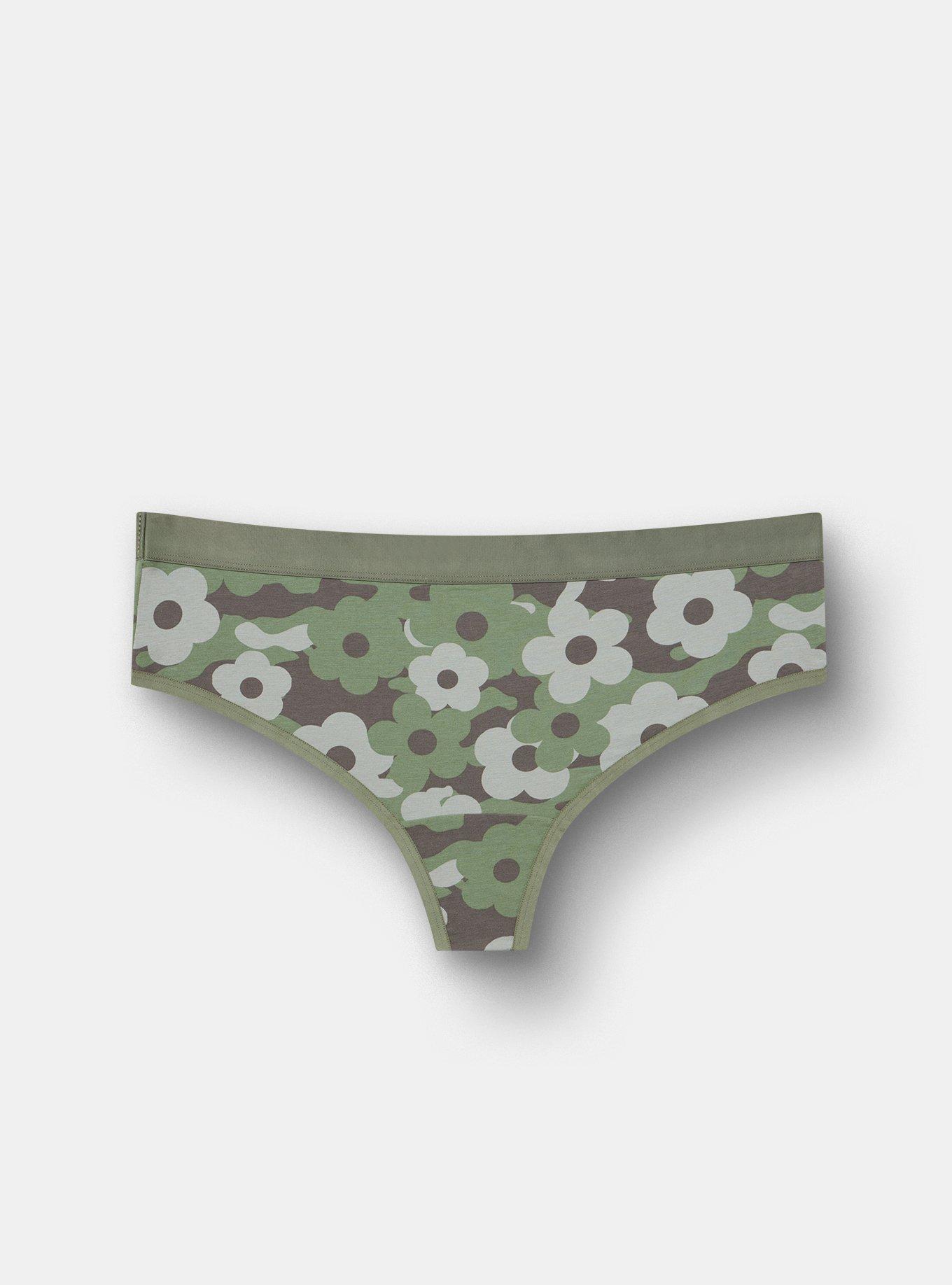 Plus Size Cotton Mid-Rise Thong Panty, DAISY CAMO OLIVE, hi-res
