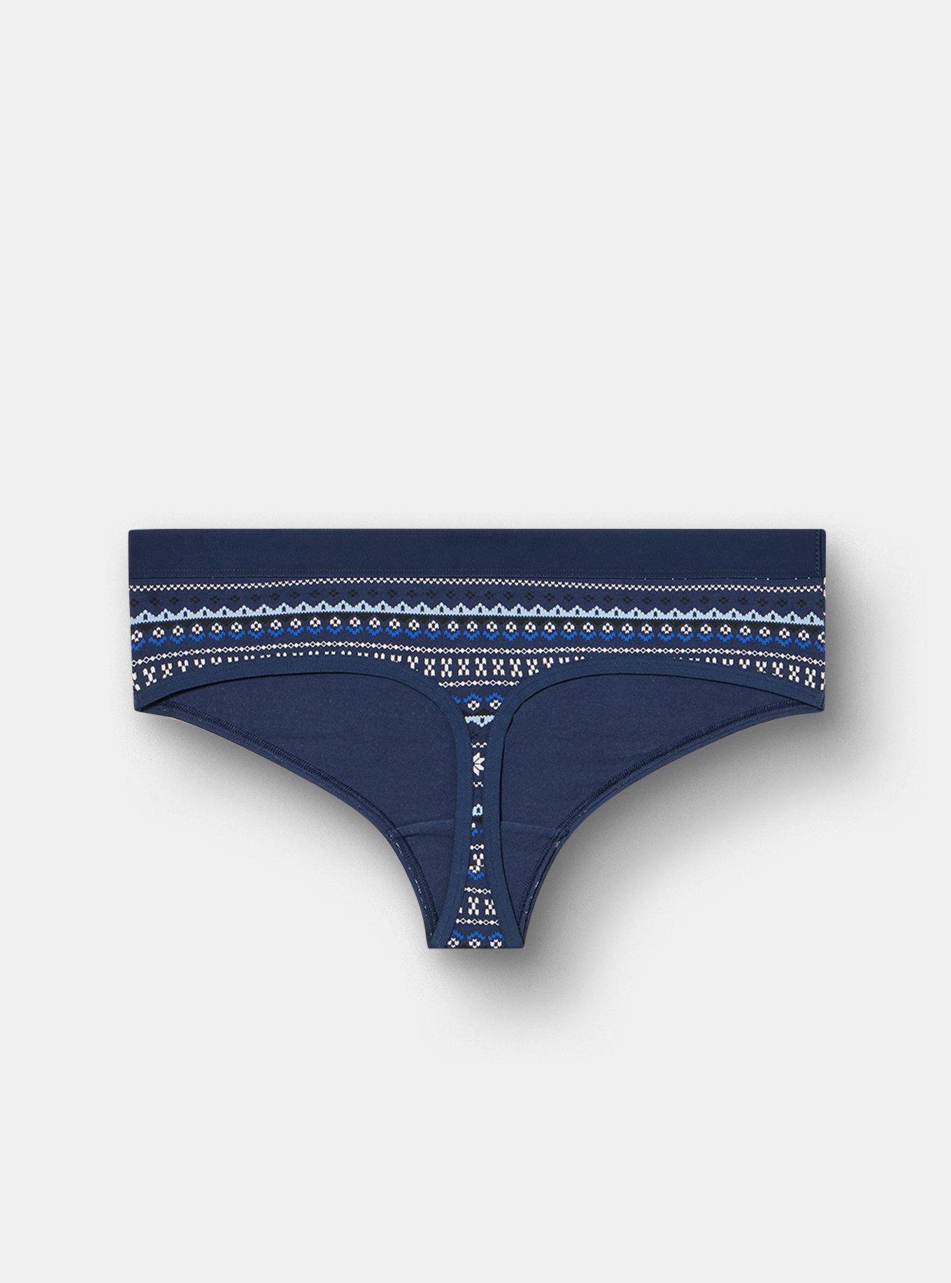 Plus Size Cotton Mid-Rise Thong Panty, ELSA FAIR ISLE BLUE, alternate