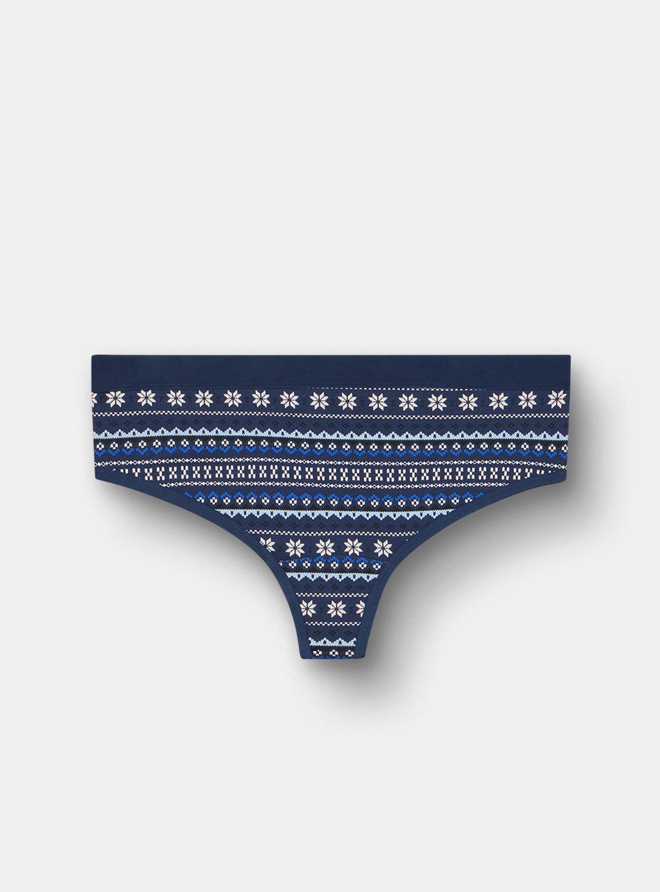 Plus Size Cotton Mid-Rise Thong Panty, ELSA FAIR ISLE BLUE, hi-res
