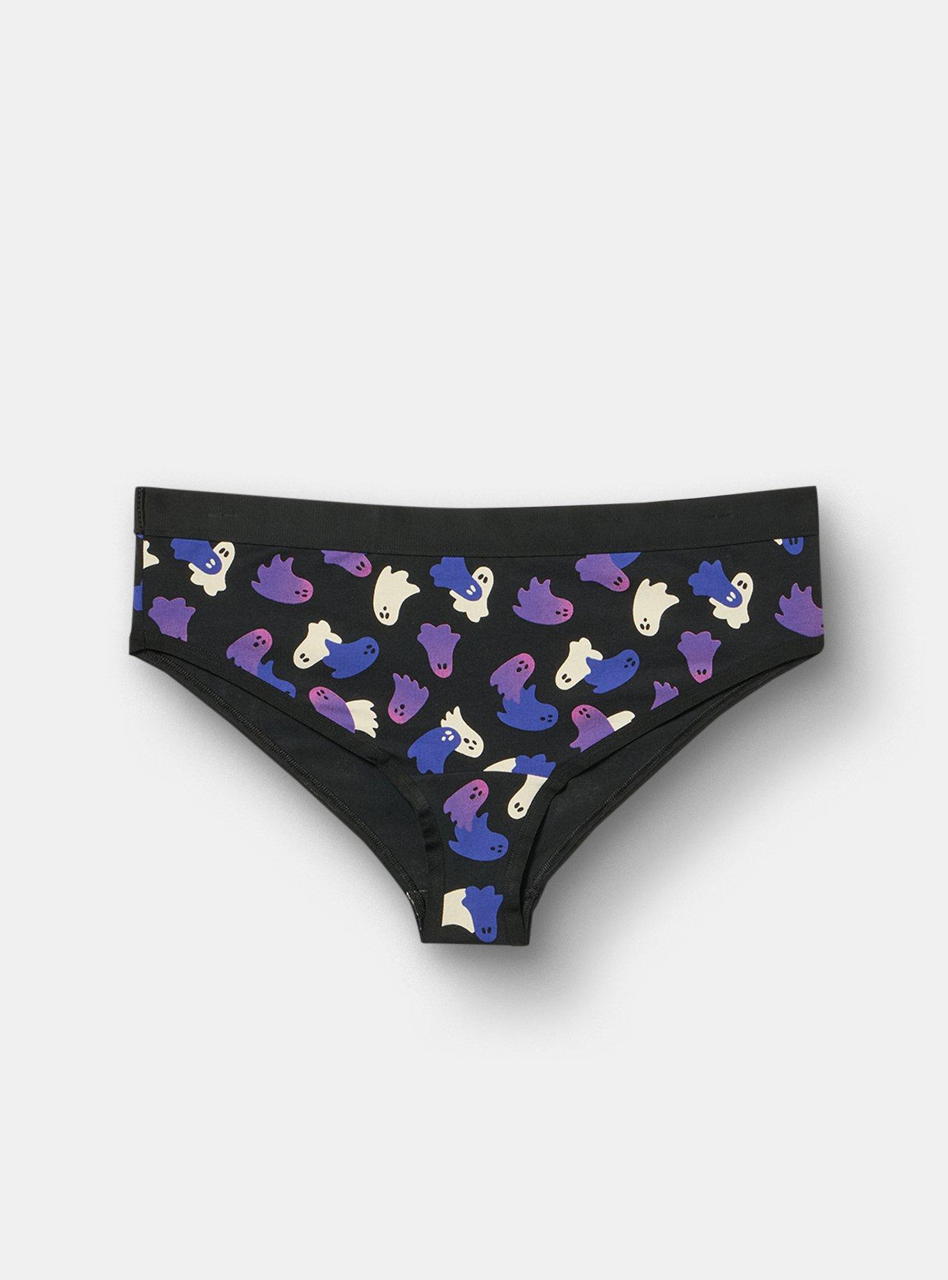 Plus Size Cotton Mid-Rise Cheeky Panty, OVERLAP GHOSTS BLACK PURPLE, hi-res