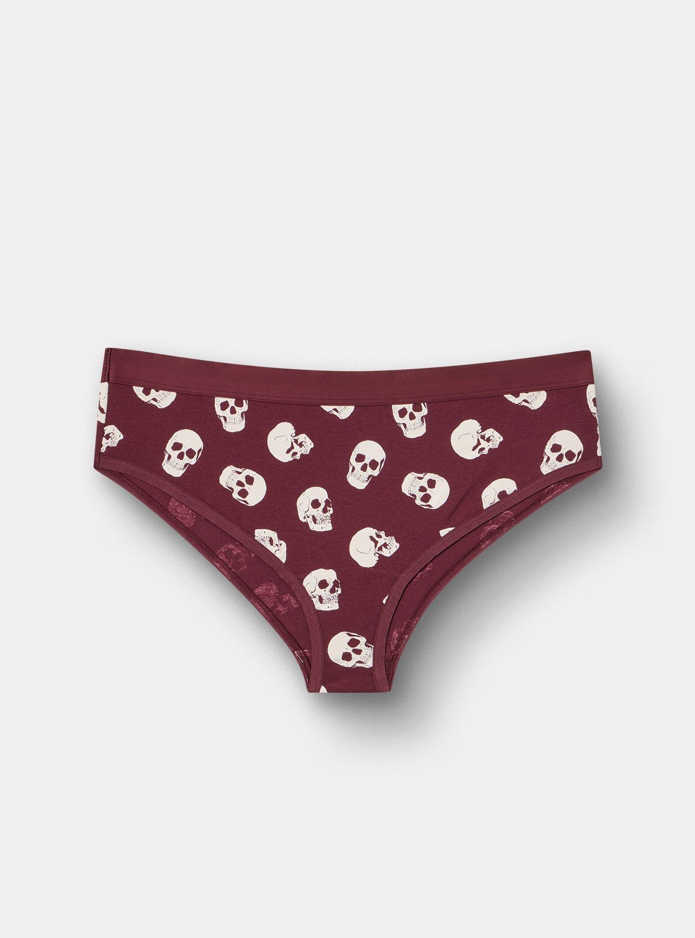 Plus Size Cotton Mid-Rise Cheeky Panty, BUBBLEGUM SKULLS BURGUNDY, hi-res
