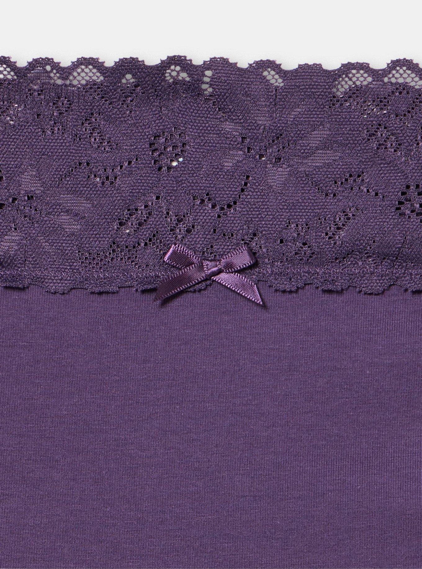 Cotton Mid-Rise Lace Trim Thong Panty, BLACKBERRY, alternate