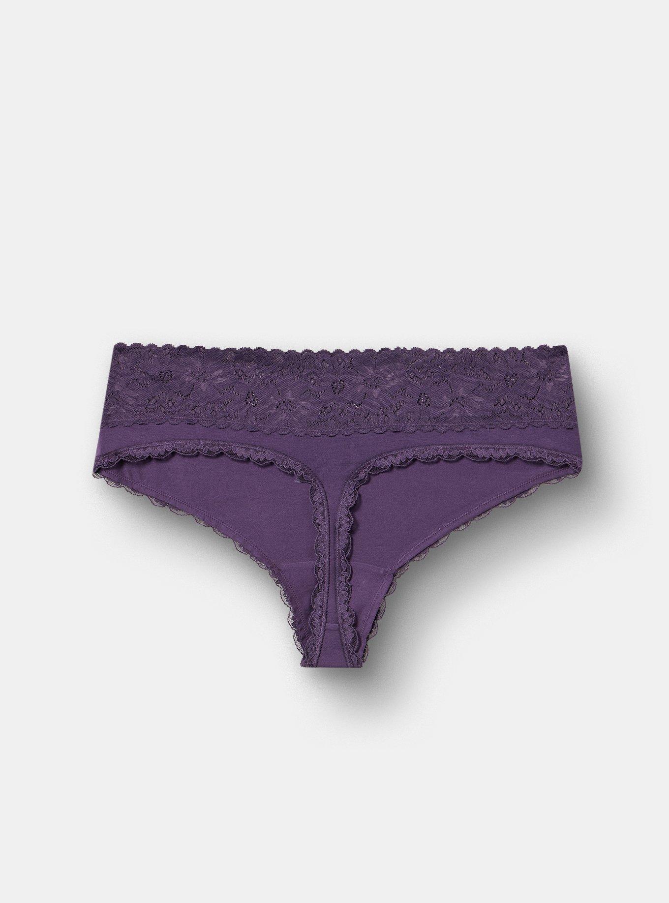Cotton Mid-Rise Lace Trim Thong Panty, BLACKBERRY, alternate
