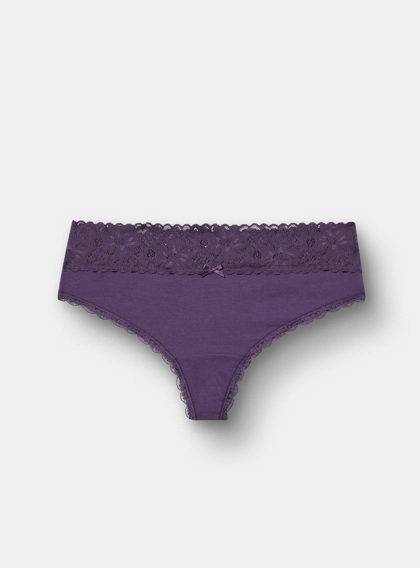 Cotton Mid-Rise Lace Trim Thong Panty, BLACKBERRY, hi-res