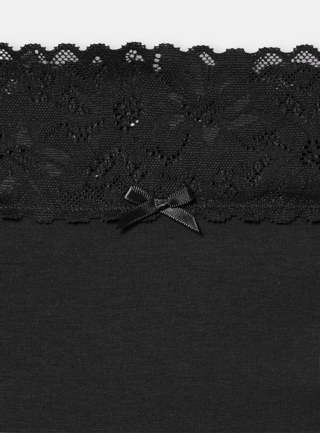 Cotton Mid-Rise Lace Trim Thong Panty, RICH BLACK, alternate