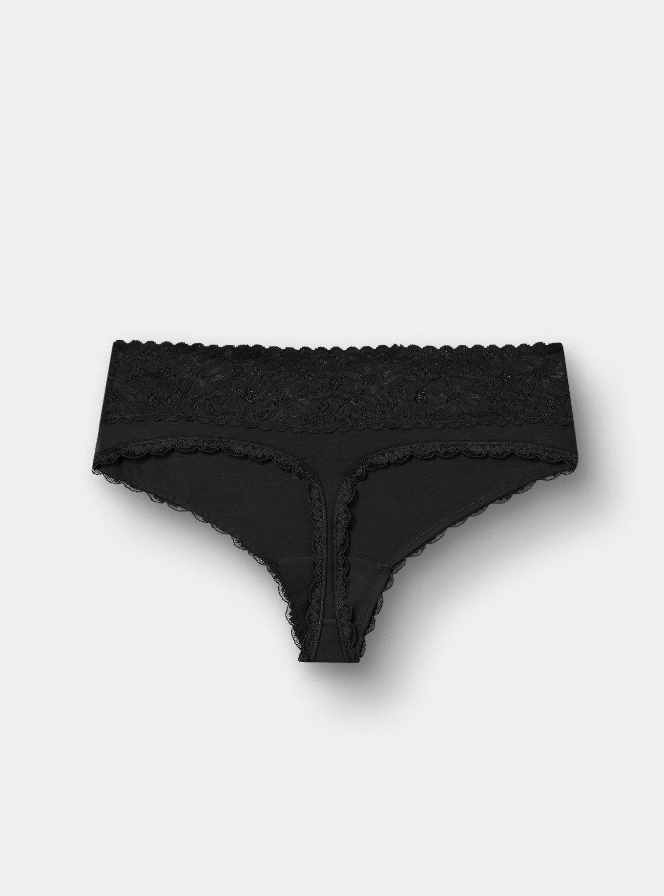 Cotton Mid-Rise Lace Trim Thong Panty, RICH BLACK, alternate