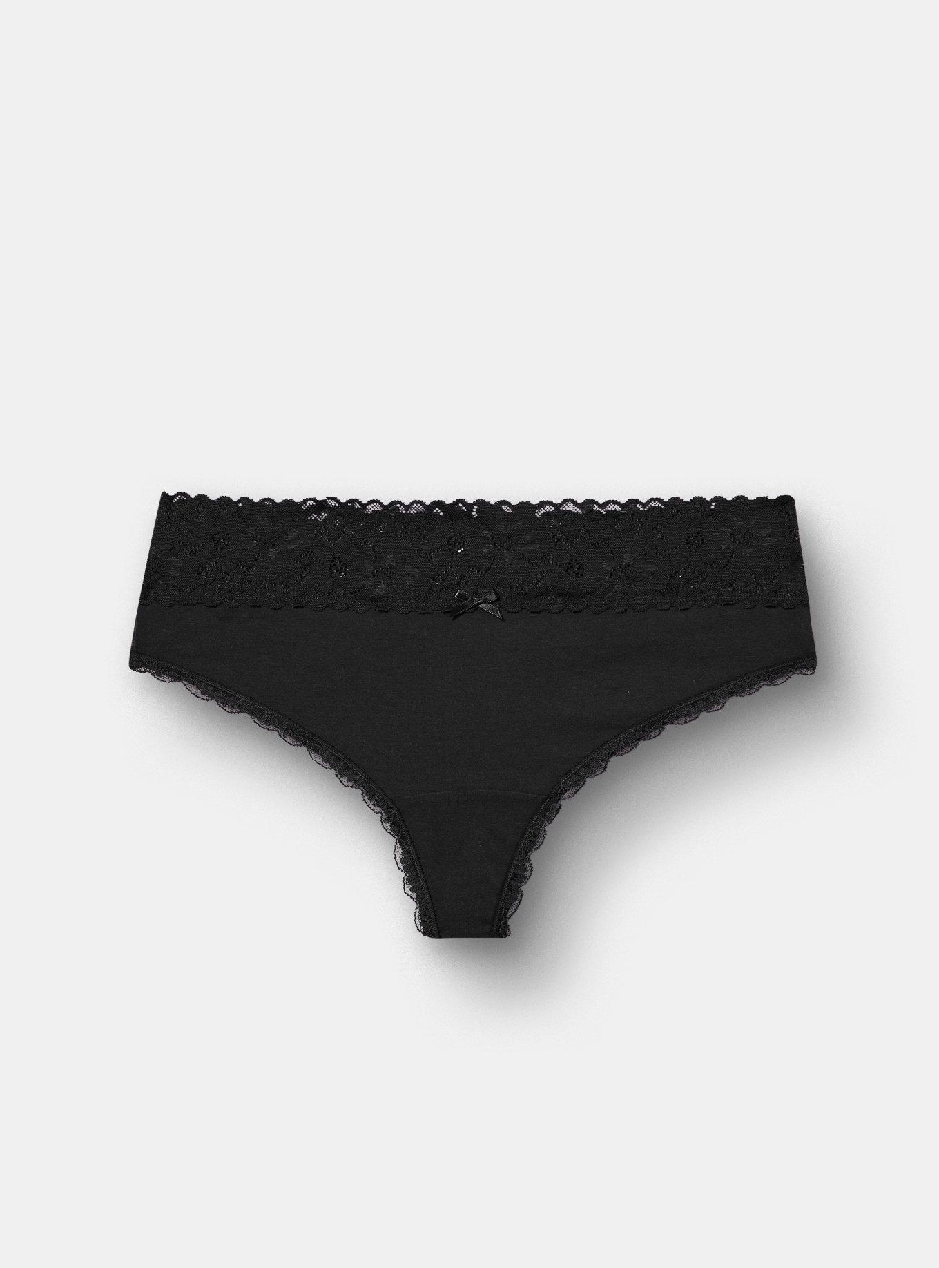 Cotton Mid-Rise Lace Trim Thong Panty, RICH BLACK, hi-res