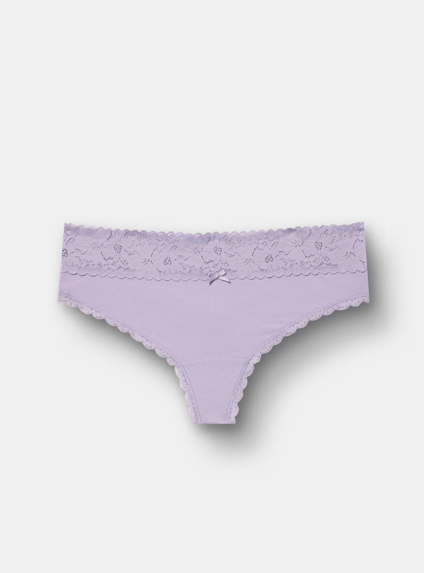 Cotton Mid-Rise Lace Trim Thong Panty, HEIRLOOM LILAC, hi-res