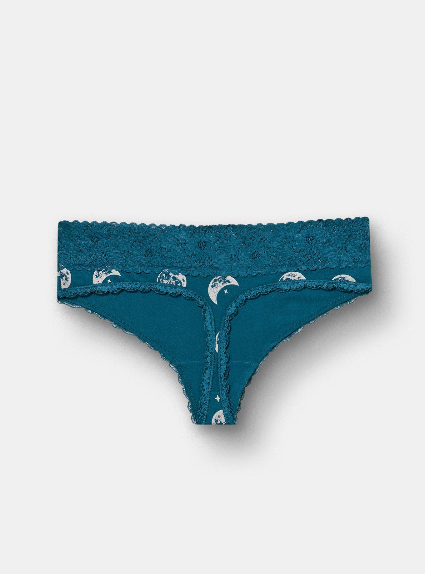 Cotton Mid-Rise Lace Trim Thong Panty, LUNA MOON TEAL, alternate