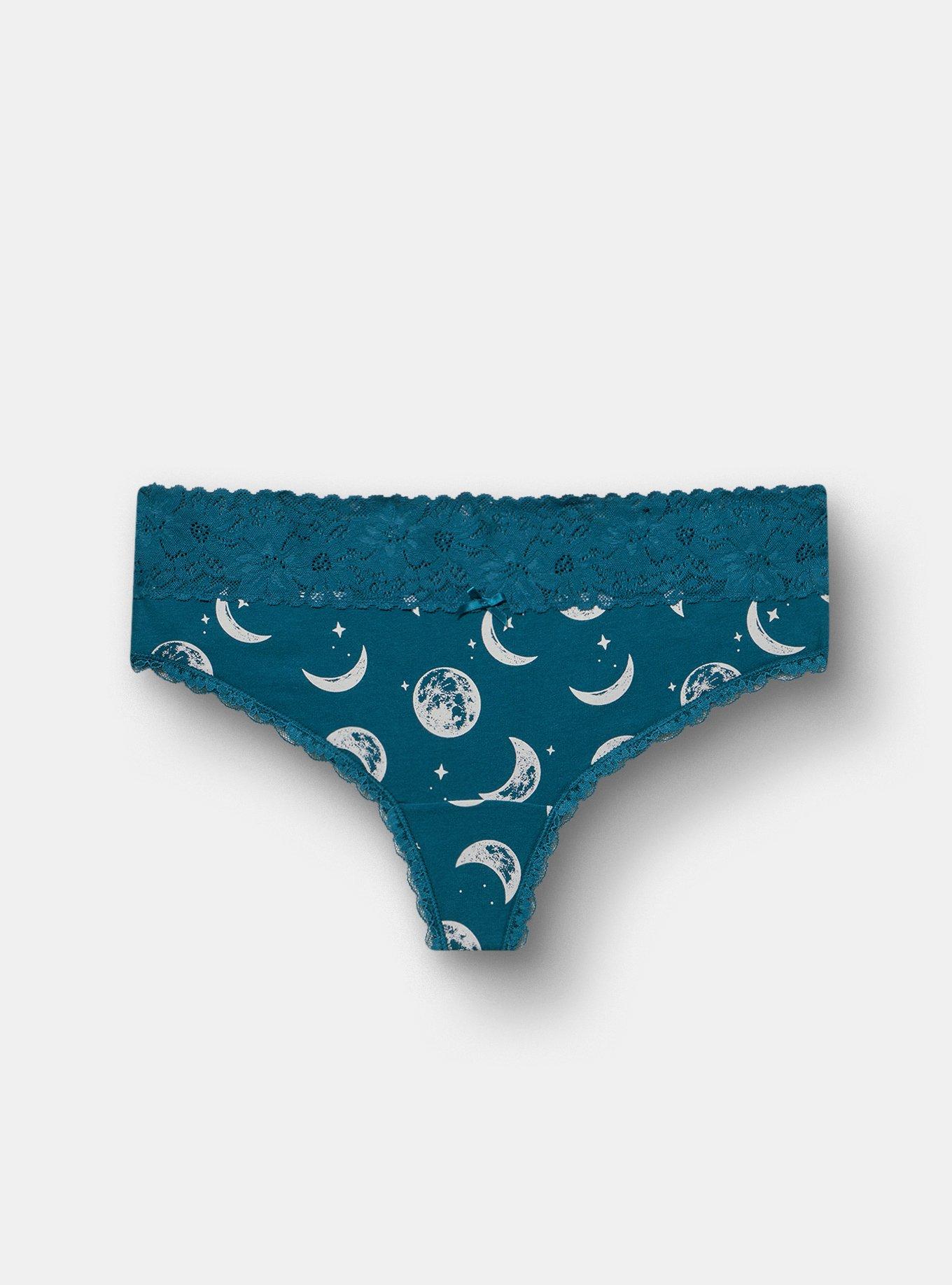 Cotton Mid-Rise Lace Trim Thong Panty, LUNA MOON TEAL, hi-res
