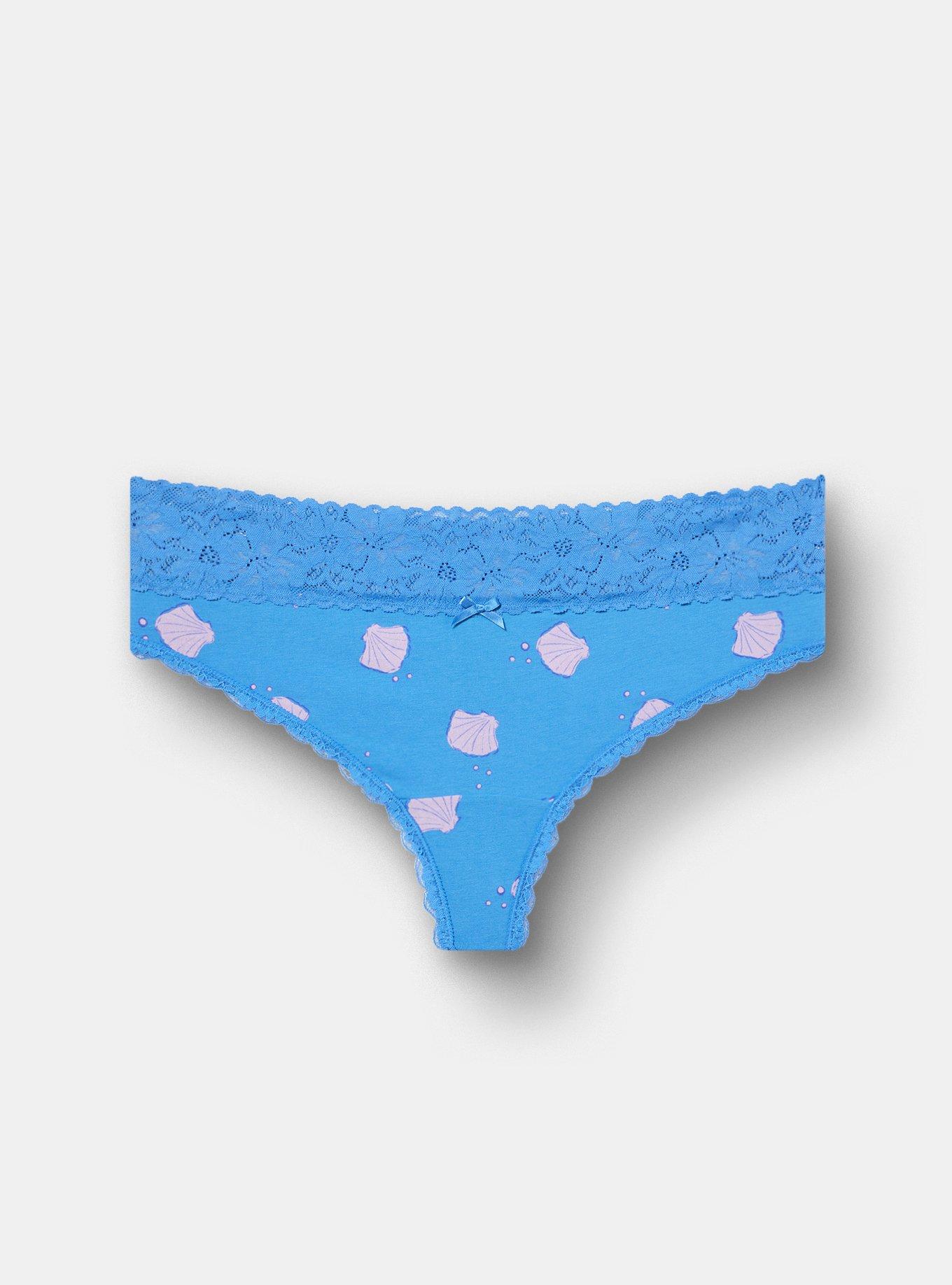 Cotton Mid-Rise Lace Trim Thong Panty, SIMPLE SHELLS BLUE, hi-res