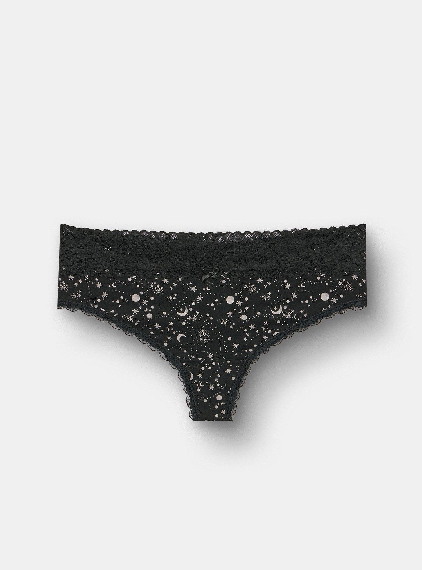 Cotton Mid-Rise Lace Trim Thong Panty, CELESTIAL GLOW RICH BLACK, hi-res