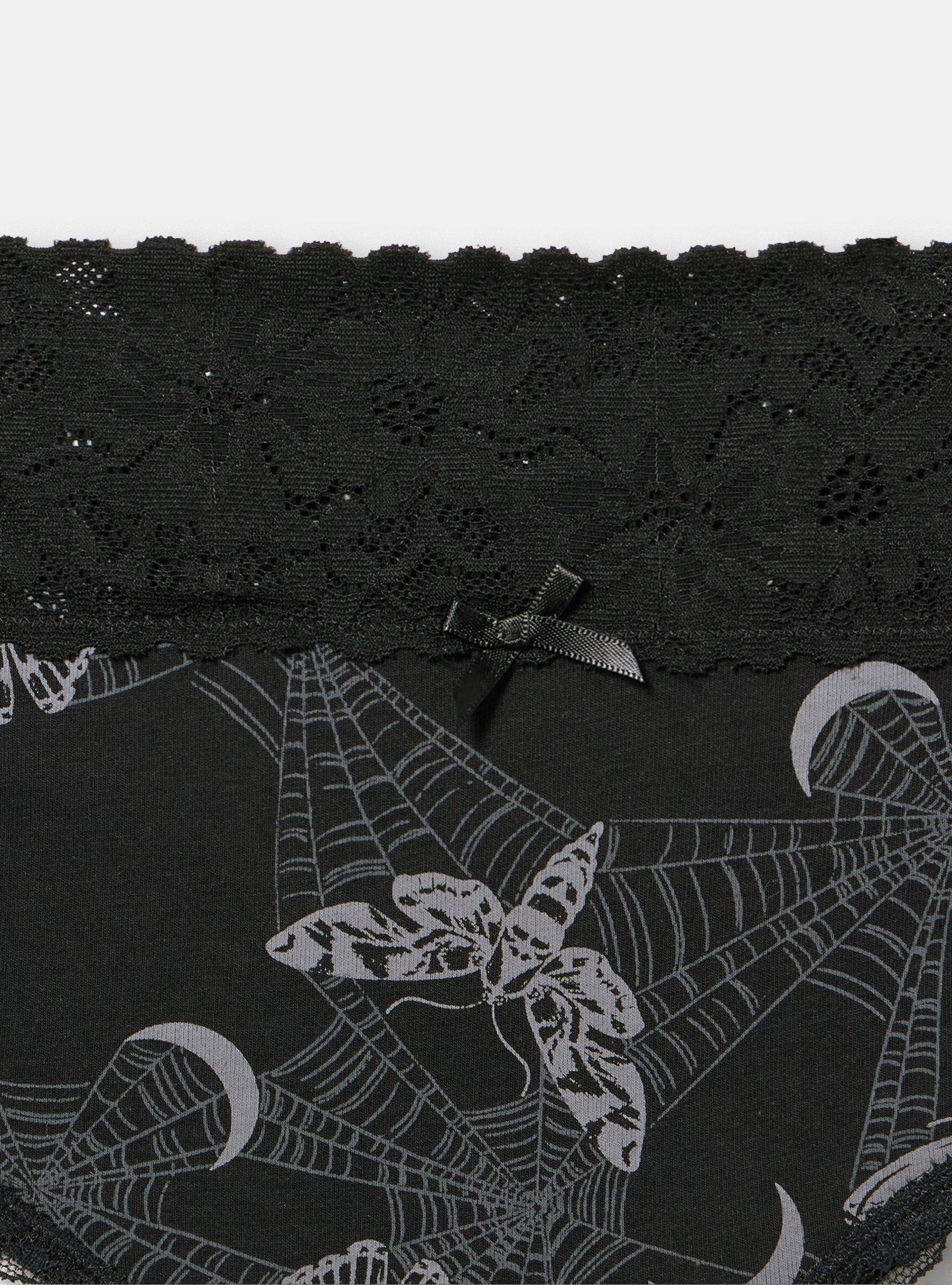 Plus Size Cotton Mid-Rise Lace Trim Thong Panty, MIDNIGHT MOTHS BLACK, alternate