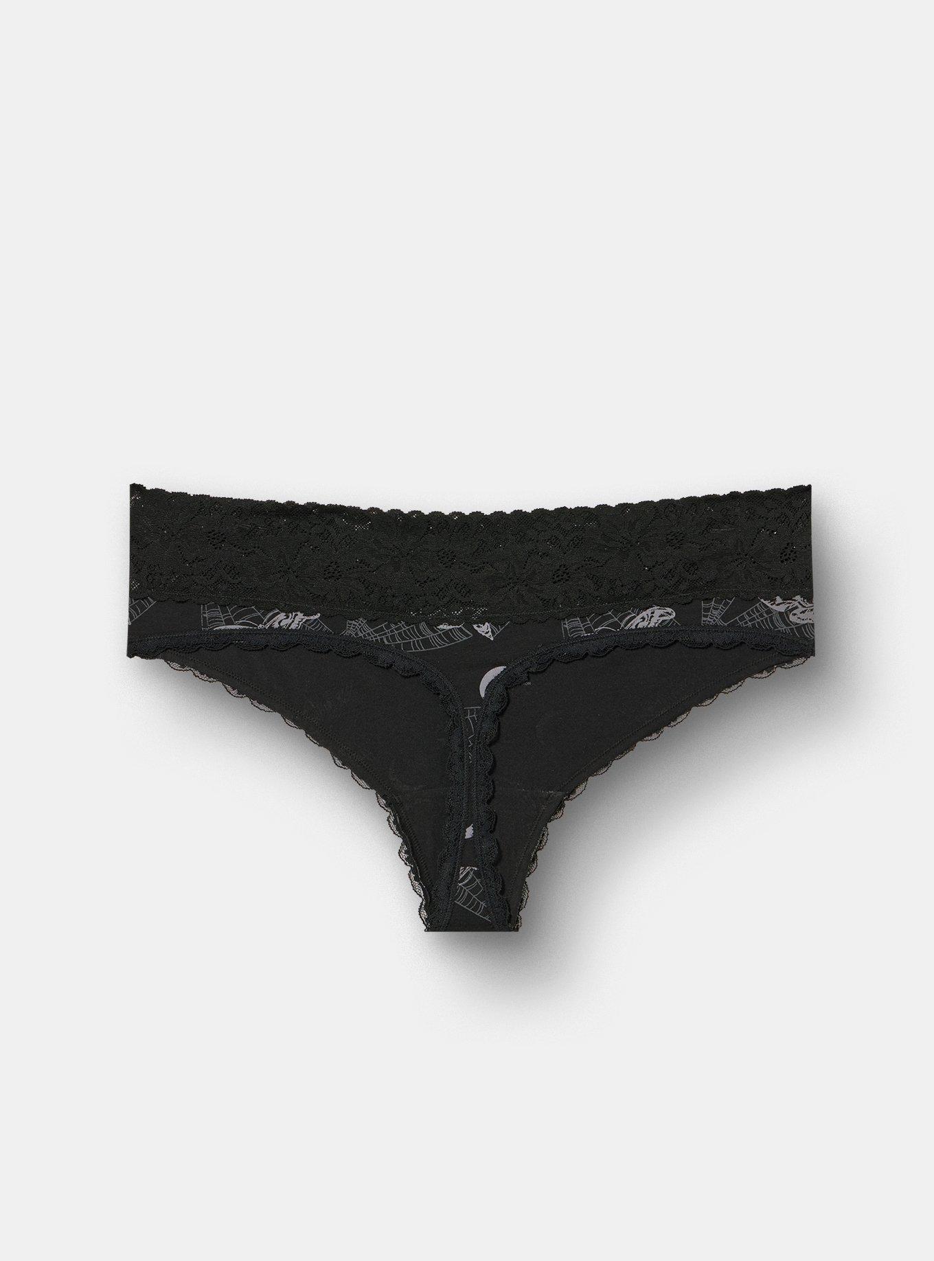 Plus Size Cotton Mid-Rise Lace Trim Thong Panty, MIDNIGHT MOTHS BLACK, alternate
