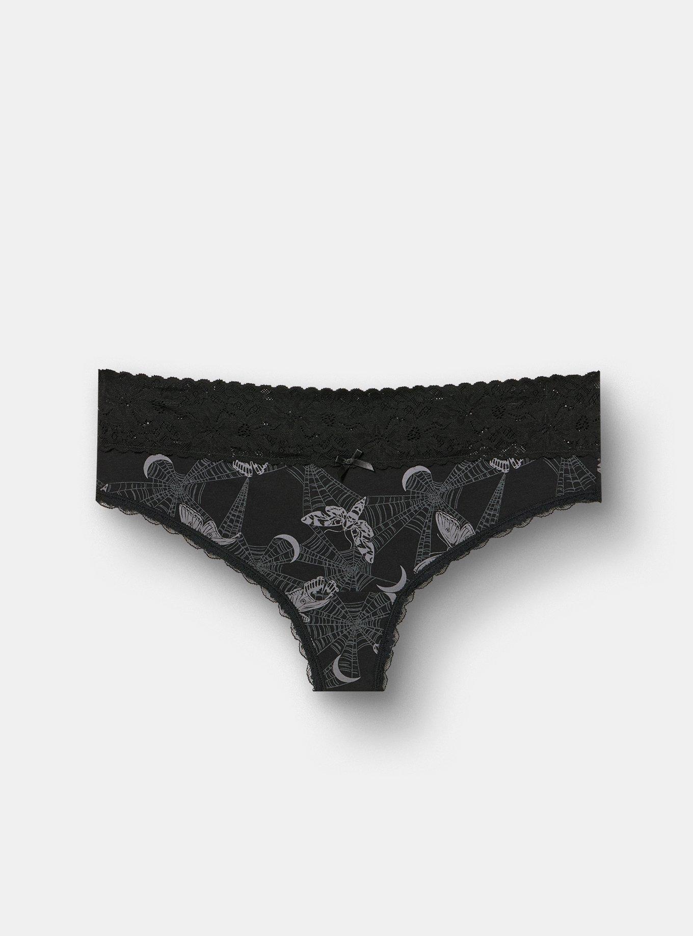 Plus Size Cotton Mid-Rise Lace Trim Thong Panty, MIDNIGHT MOTHS BLACK, hi-res
