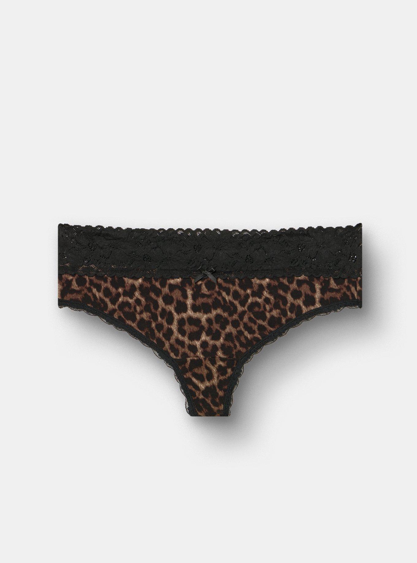 Cotton Mid-Rise Lace Trim Thong Panty, ON THE PROWL LEOPARD BROWN, hi-res
