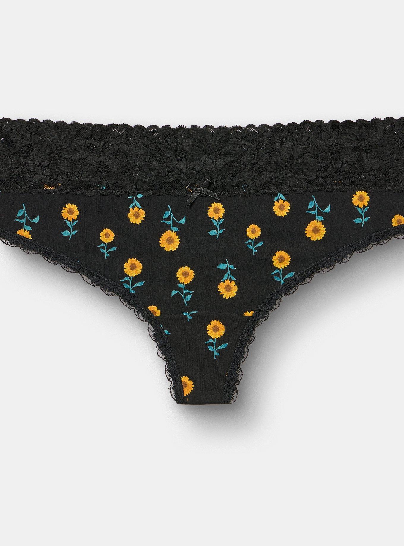 Plus Size Cotton Mid-Rise Lace Trim Thong Panty, STEM SUNFLOWERS FLORAL BLACK, alternate