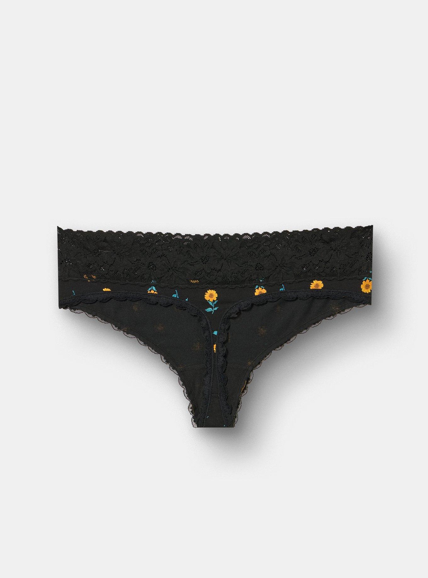Plus Size Cotton Mid-Rise Lace Trim Thong Panty, STEM SUNFLOWERS FLORAL BLACK, alternate