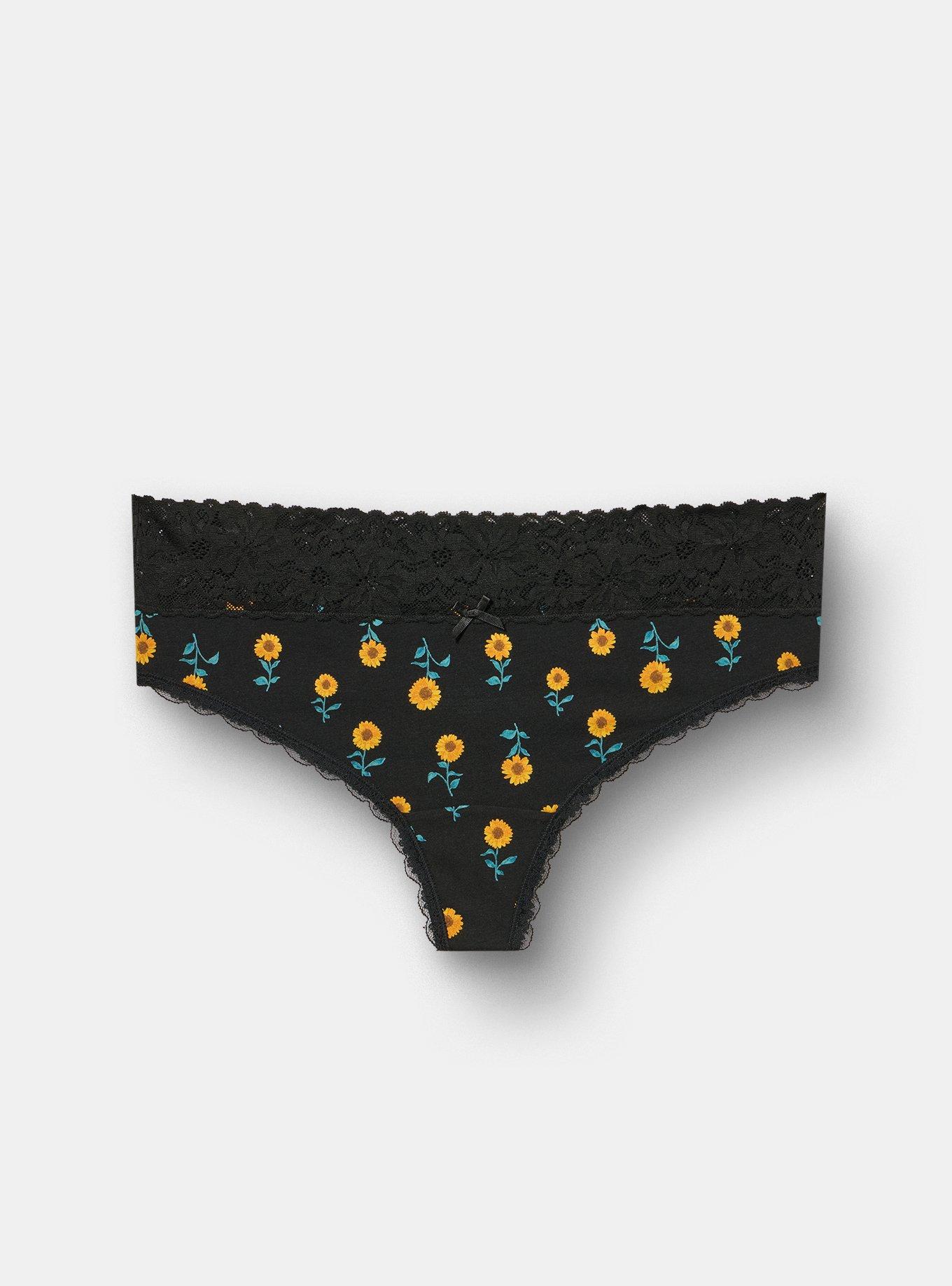 Plus Size Cotton Mid-Rise Lace Trim Thong Panty, STEM SUNFLOWERS FLORAL BLACK, hi-res
