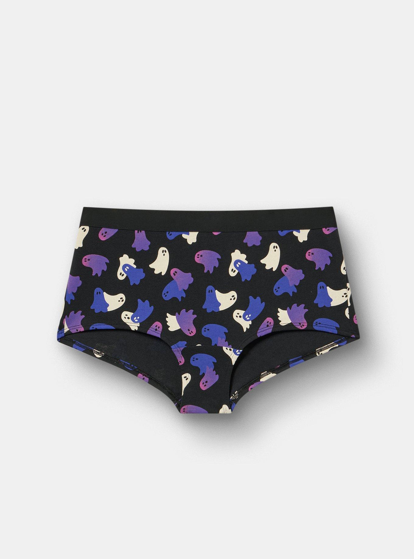 Cotton Mid-Rise Boyshort Panty, OVERLAP GHOSTS BLACK PURPLE, hi-res