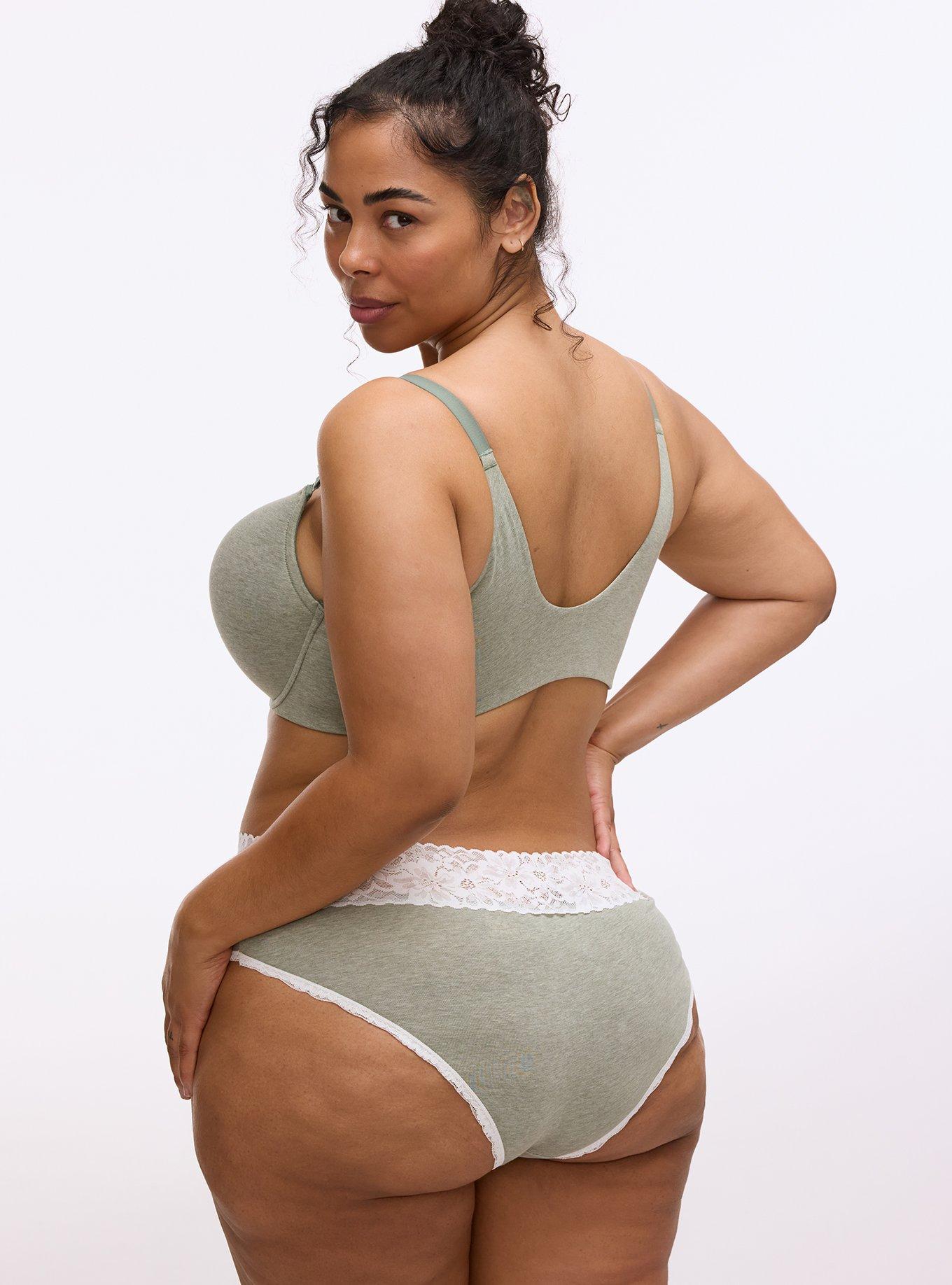 Plus Size Cotton Mid-Rise Lace Trim Cheeky Panty, AGAVE GREEN HEATHER, alternate