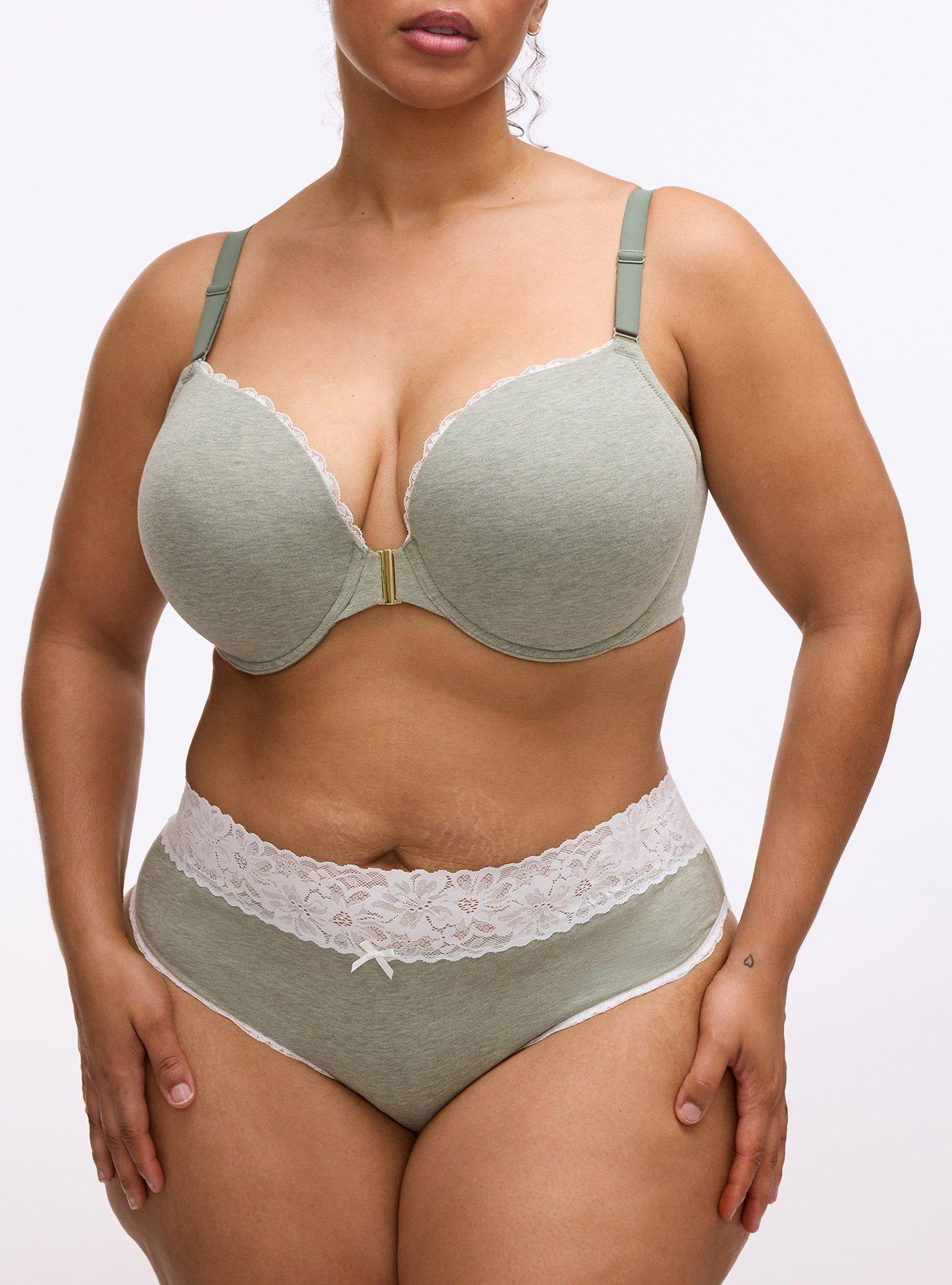 Plus Size Cotton Mid-Rise Lace Trim Cheeky Panty, AGAVE GREEN HEATHER, alternate