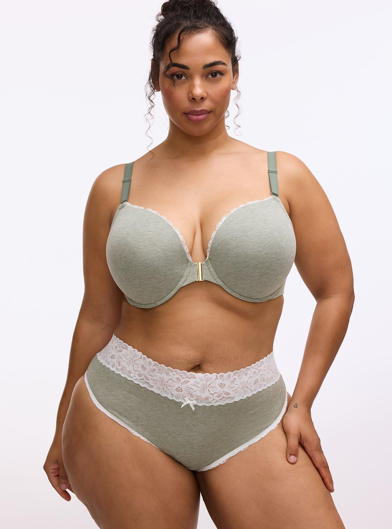Plus Size Cotton Mid-Rise Lace Trim Cheeky Panty, AGAVE GREEN HEATHER, hi-res