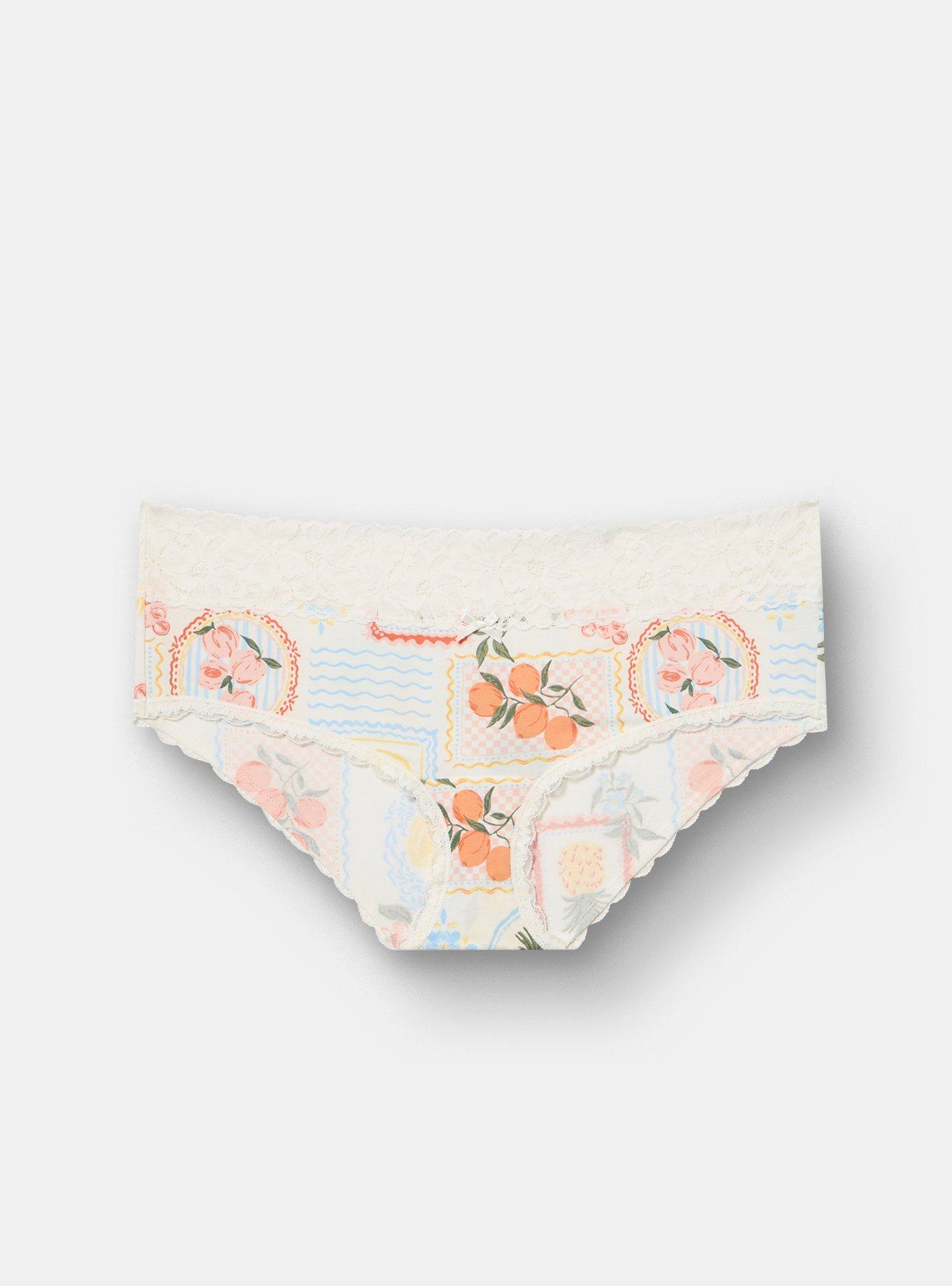 Cotton Mid-Rise Lace Trim Hipster Panty, FRUIT STAMPS WHITE, hi-res
