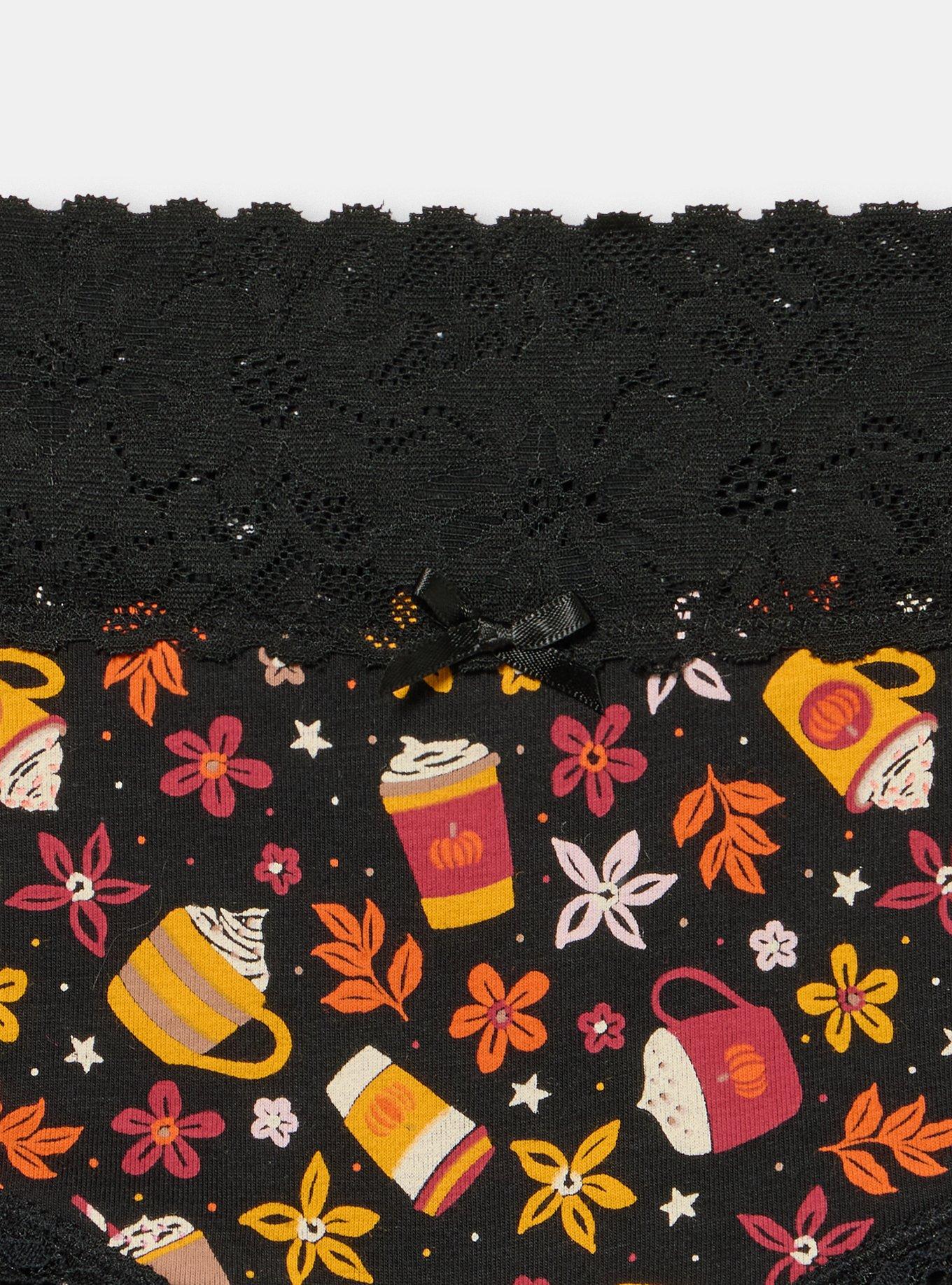 Plus Size Cotton Mid-Rise Lace Trim Hipster Panty, FALL DRINKS BLACK, alternate