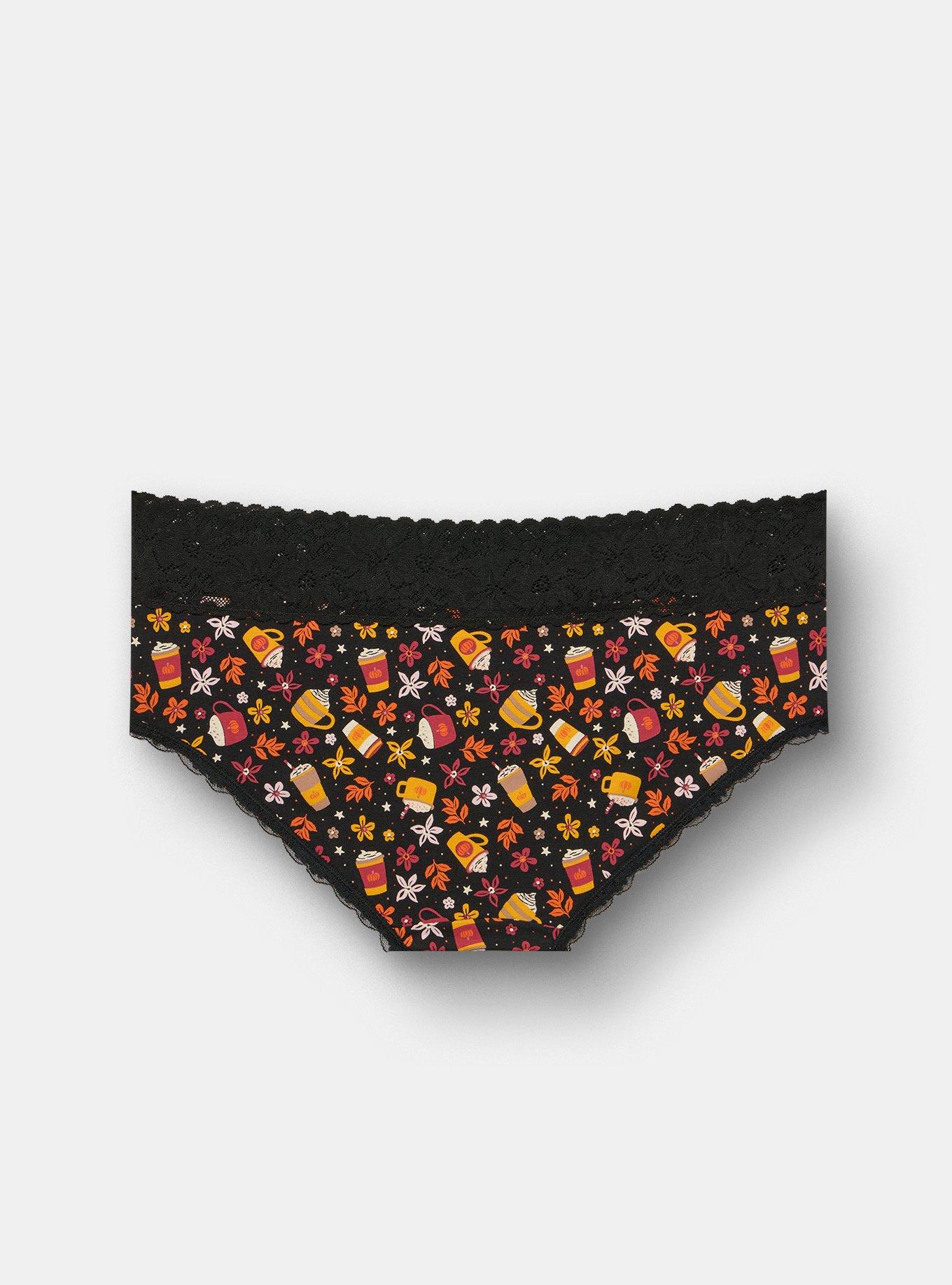 Plus Size Cotton Mid-Rise Lace Trim Hipster Panty, FALL DRINKS BLACK, alternate
