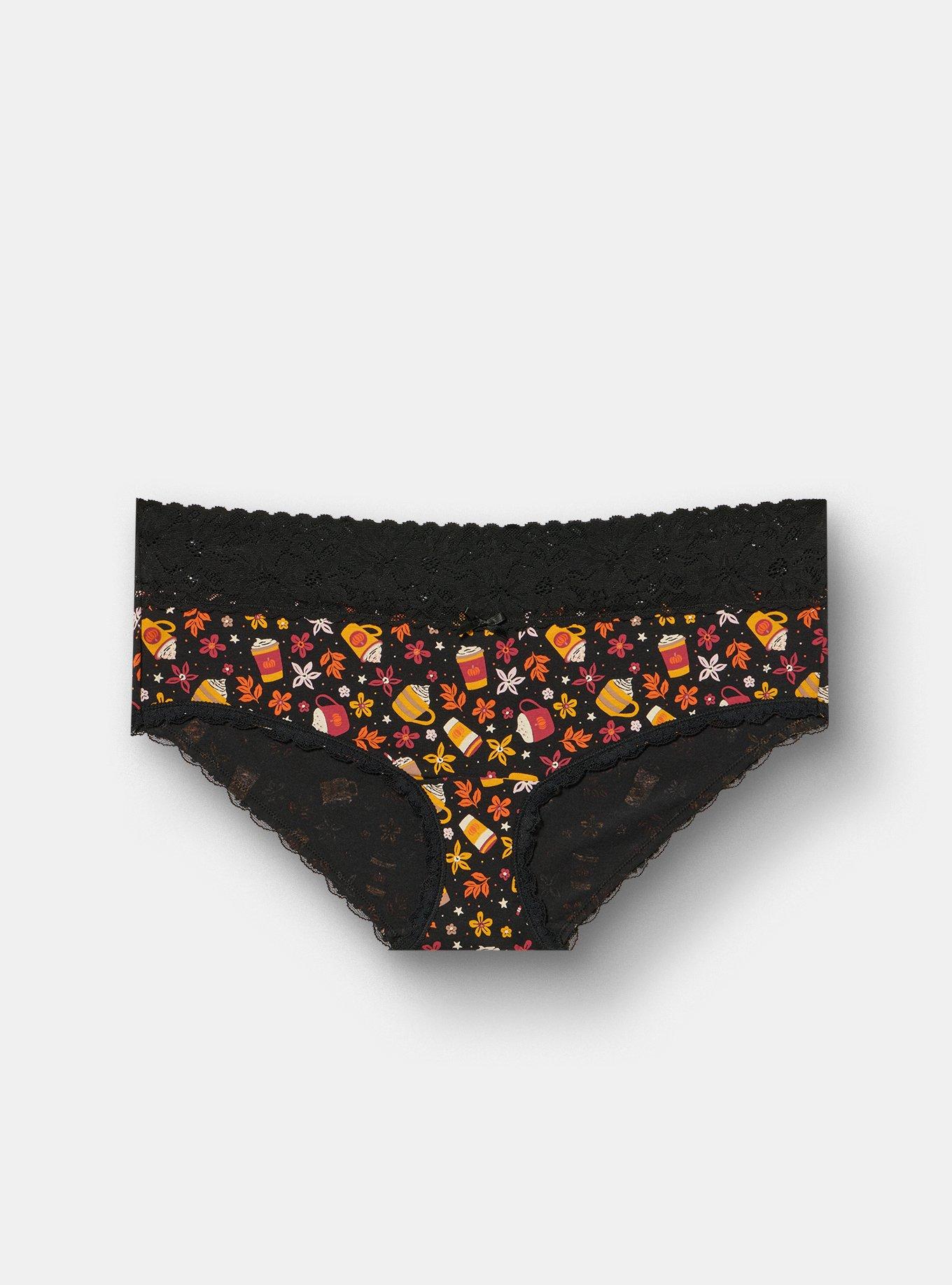 Plus Size Cotton Mid-Rise Lace Trim Hipster Panty, FALL DRINKS BLACK, hi-res
