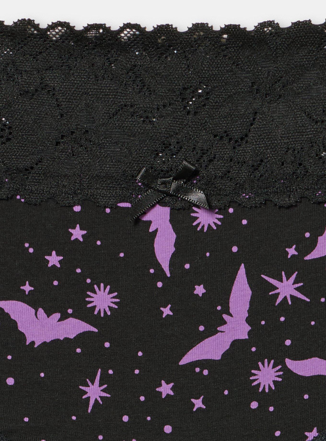 Cotton Mid-Rise Lace Trim Hipster Panty, MOON BATS PURPLE RICH BLACK, alternate