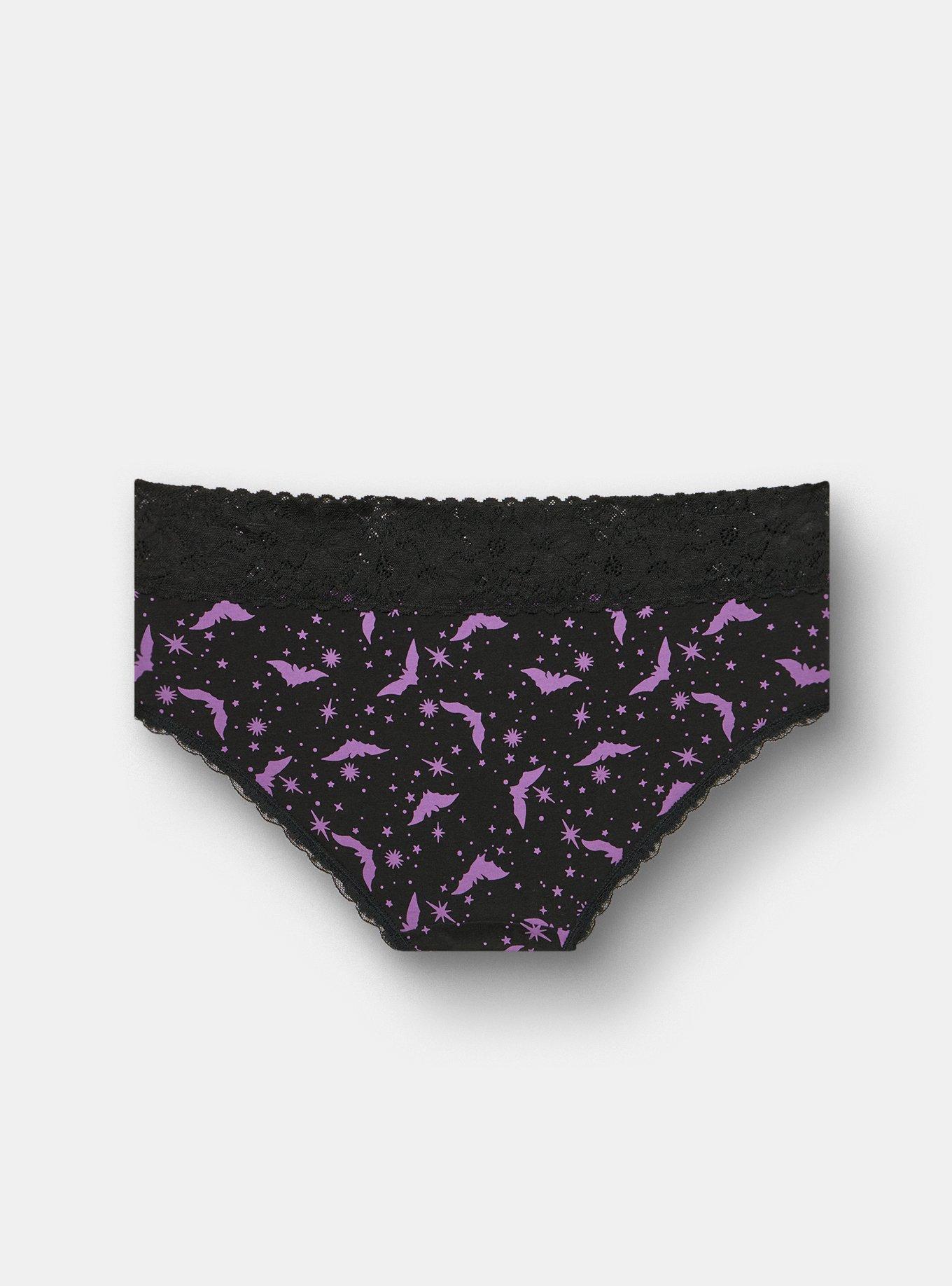 Cotton Mid-Rise Lace Trim Hipster Panty, MOON BATS PURPLE RICH BLACK, alternate