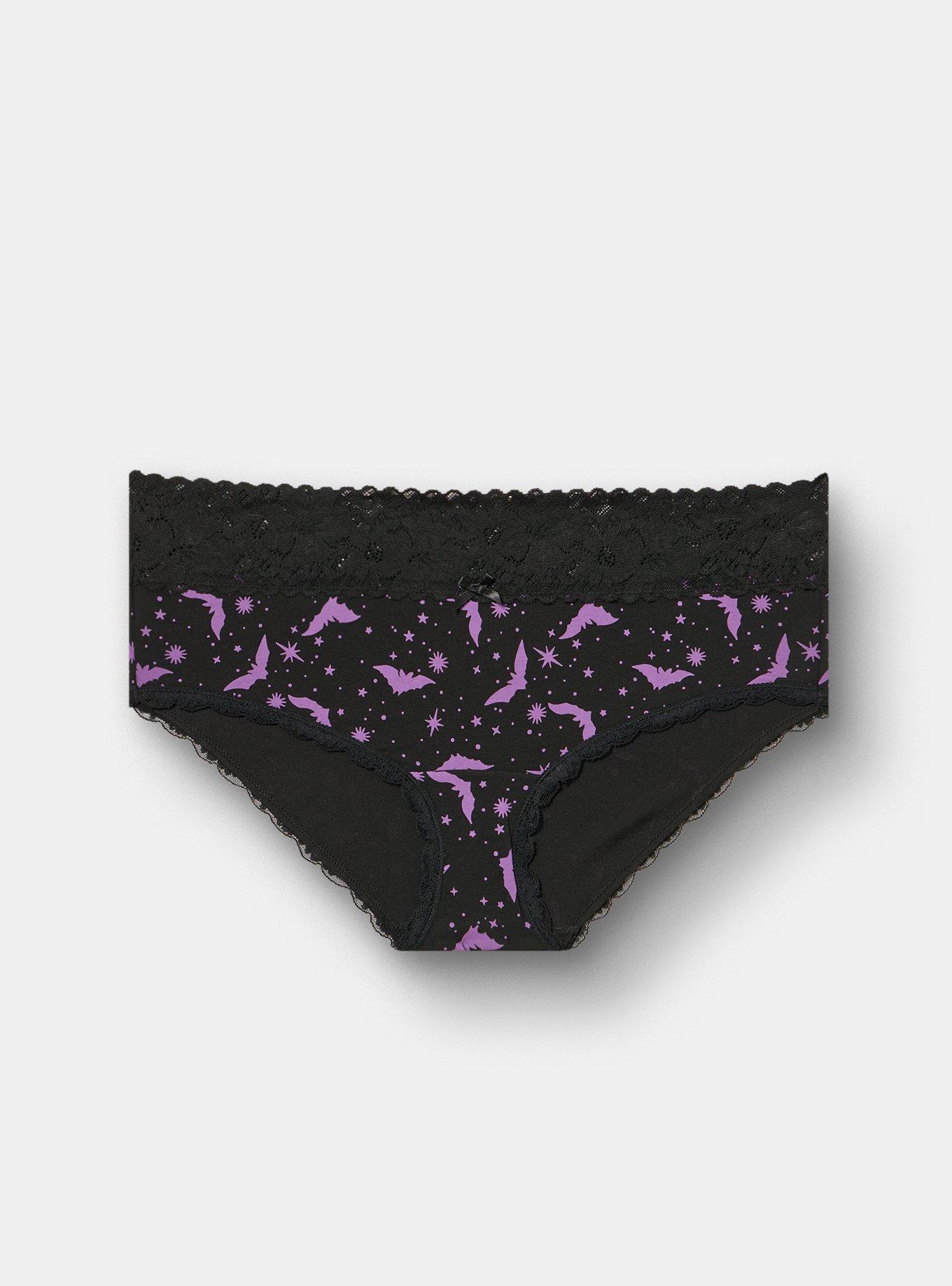 Cotton Mid-Rise Lace Trim Hipster Panty, MOON BATS PURPLE RICH BLACK, hi-res
