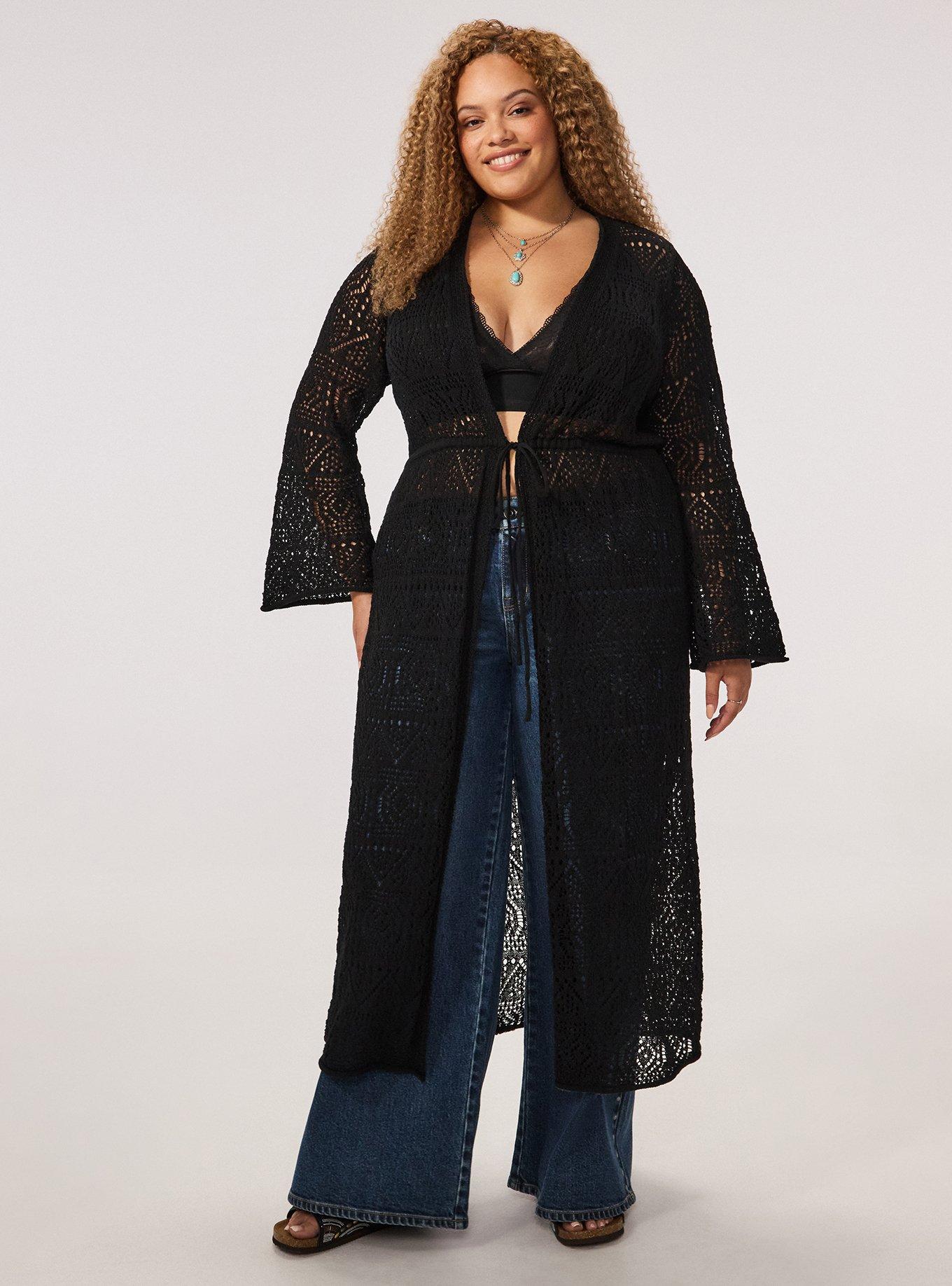 Festi Tie Front Bell Sleeve Duster, DEEP BLACK, hi-res