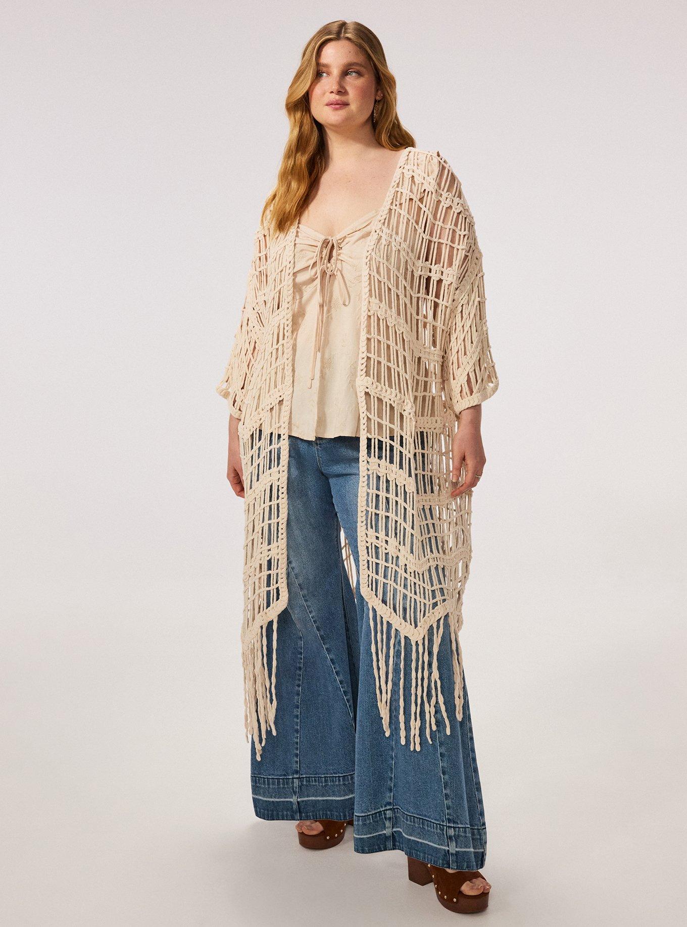Festi Crochet Fringe Kimono, SAND DOLLAR, hi-res